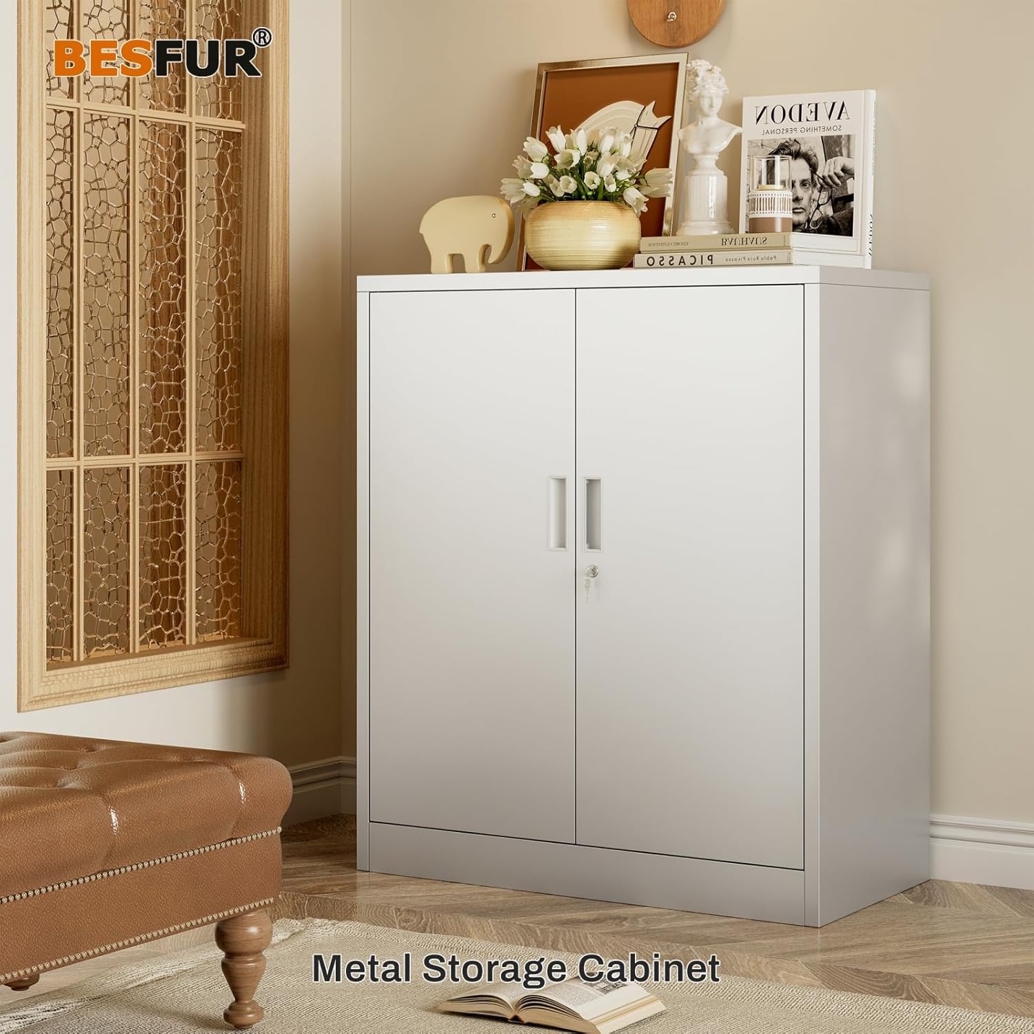 BESFUR Metal Garage Storage Cabinet with 2 Locking Doors and 2 Adjustable Shelves, 36 White Metal Short Storage Cabinet for Home Office, Garage,School,Utility Room