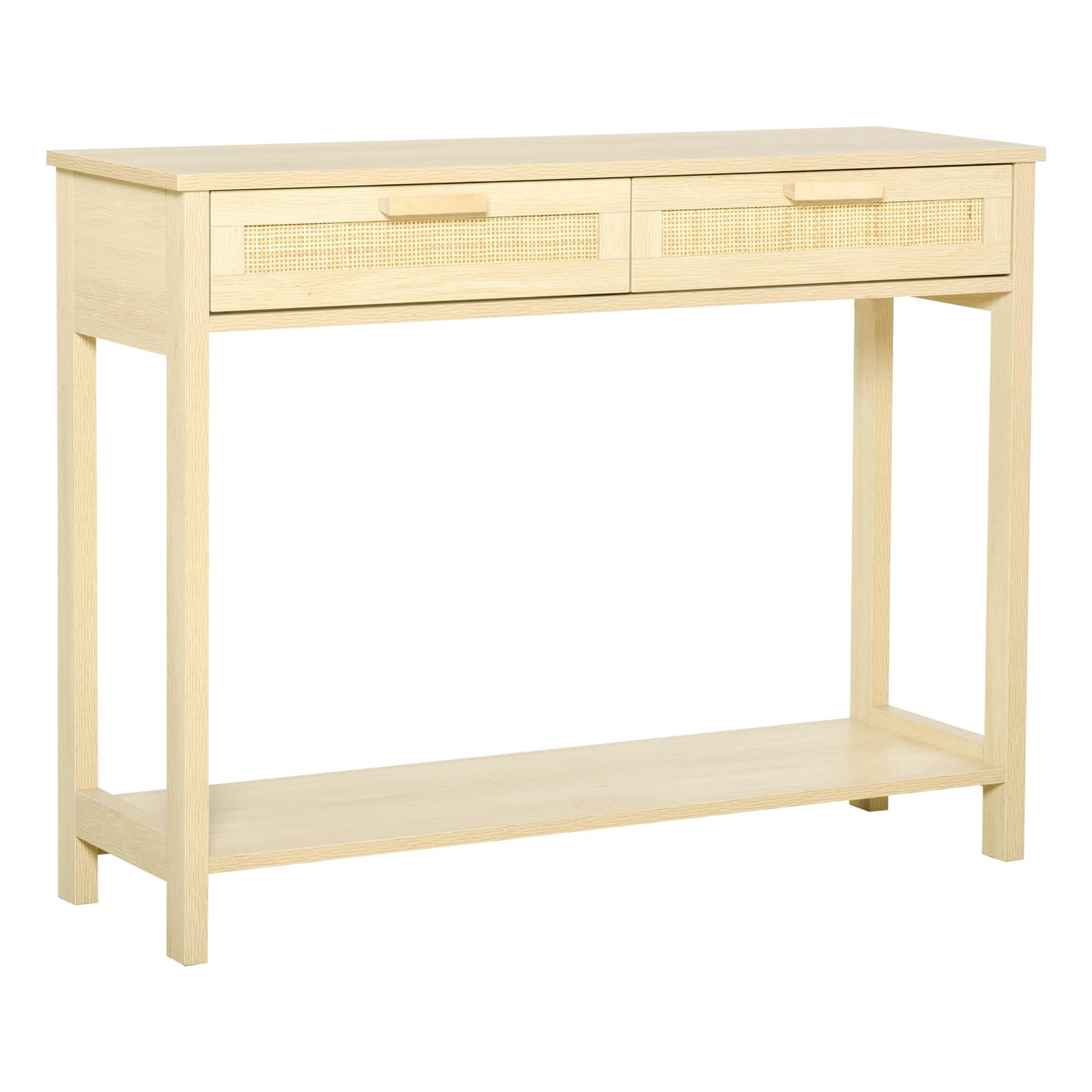 - Console 2 tiroirs façades cannage en rotin étagère aspect bois clair