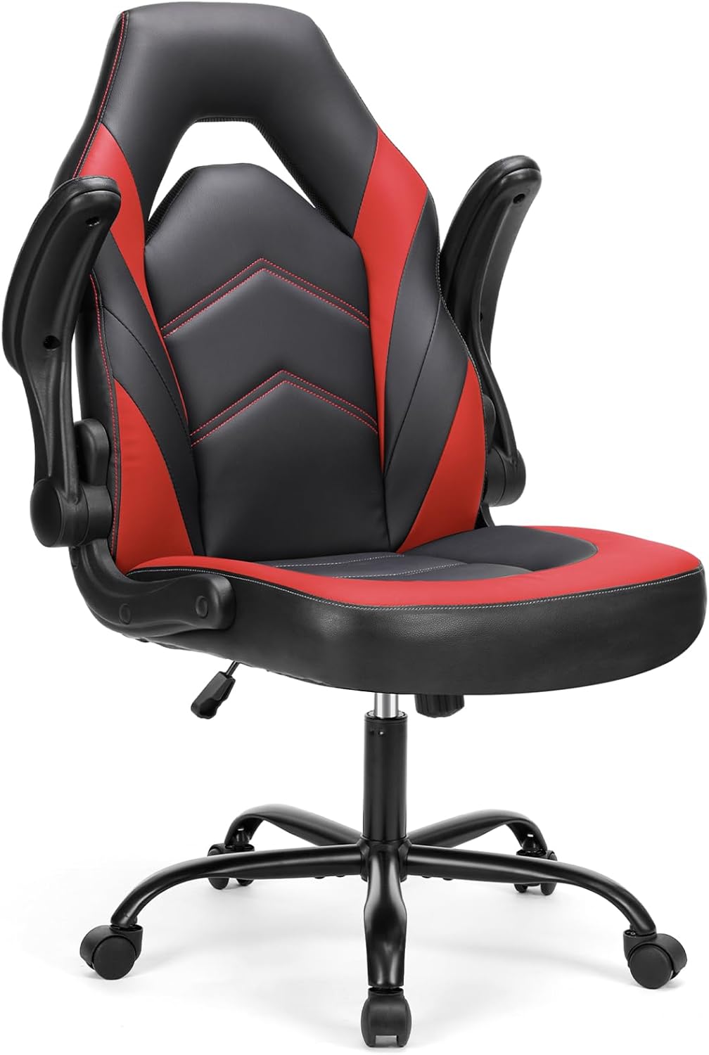 Sweetcrispy Computer Gaming Chair - PU Leather Ergonomic Lumbar Support with Flip-up Armrest and 360° Swivel Wheels, Height Adjustable Task Home Office Desk Video Racing, Red