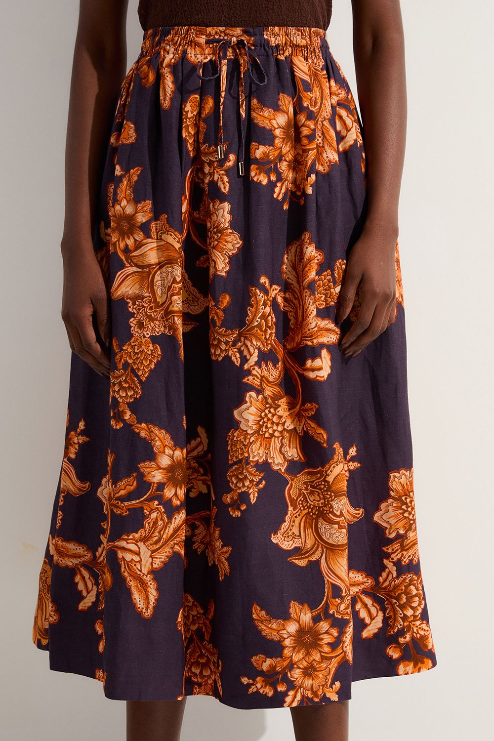 KarenMillen Viscose Linen Tie Waist Woven Full Midi Skirt