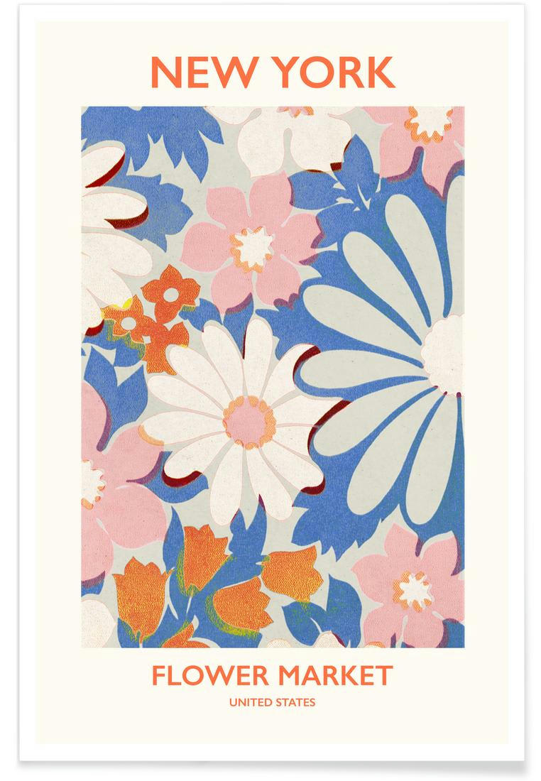 NY FLOWER MARKET - Affiche bleu & rose