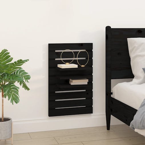 NNEVL Wall-mounted Bedside Shelves 2 pcs Black Solid Wood Pine