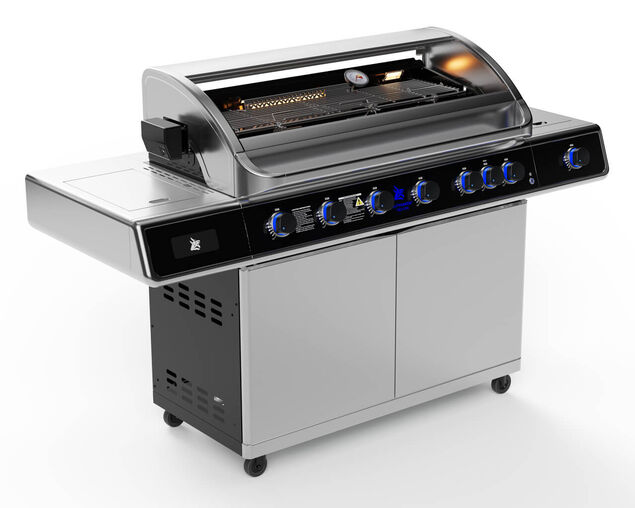 Deluxe Beefmaster T-Series 6 Burner BBQ on Deluxe Cart with Cast Iron Side Burner