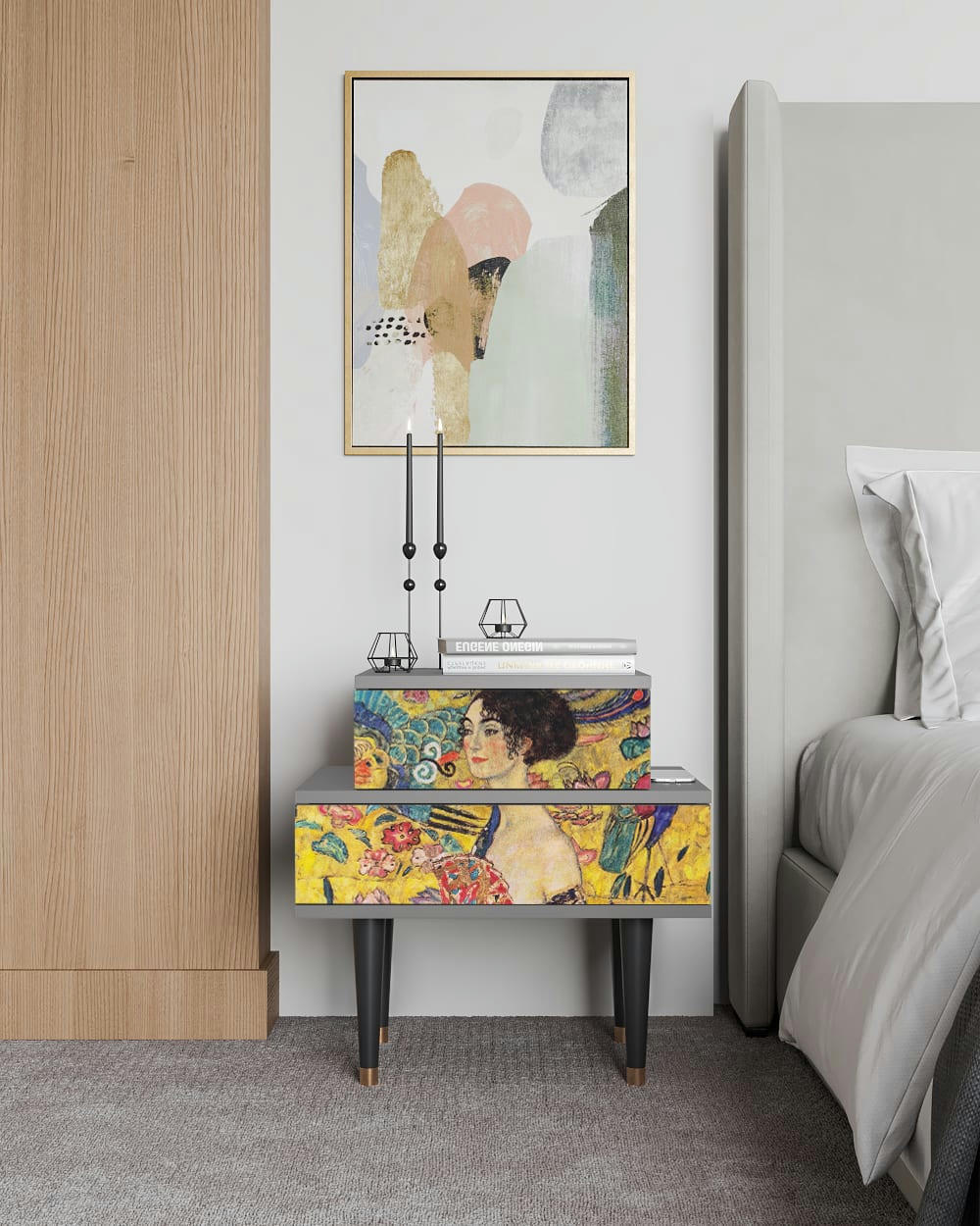 LADY WITH FAN BY GUSTAV KLIMT - Table de chevet jaune 2 tiroirs L 58 cm