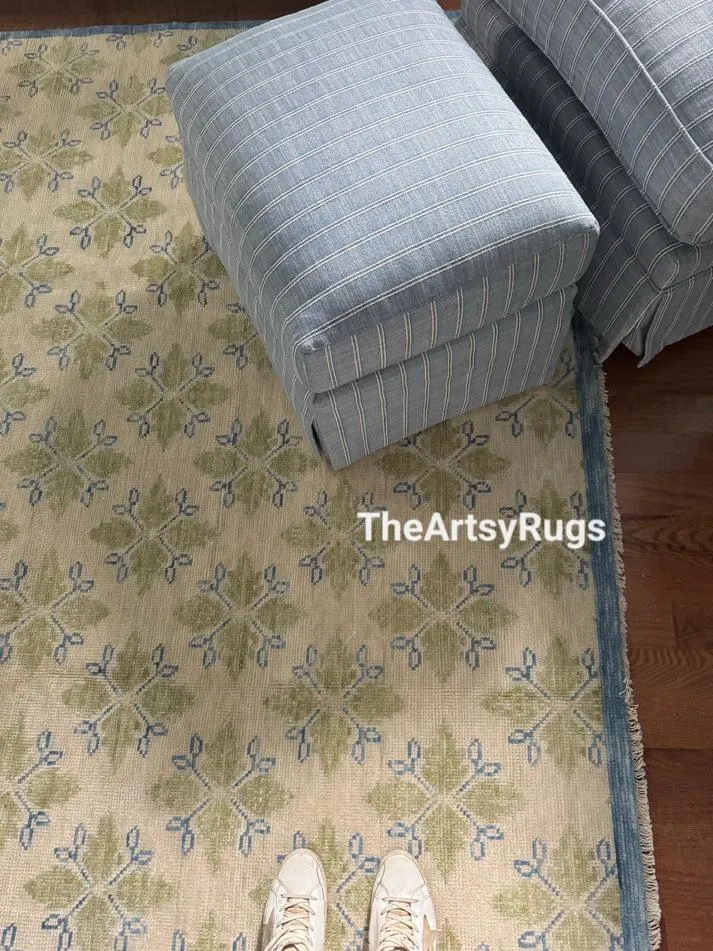 Luxury Beige, Green and Blue Turkish Carpet 6x9 7x10 8x10 Wool Area Rug Handmade Interior Decor Rugs, Hand Knotted Room Bedroom Kitchen Rugs