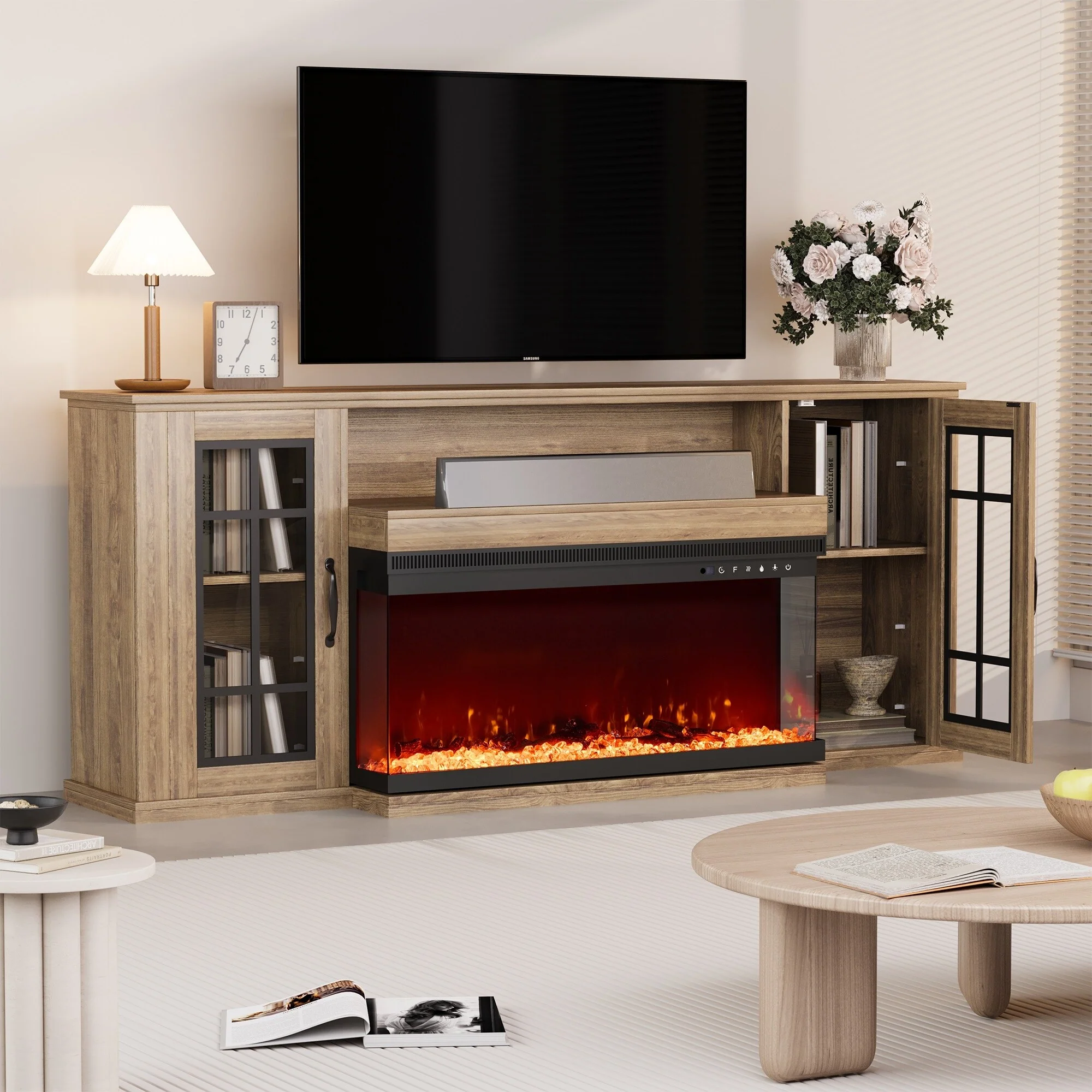 70 Fireplace TV Stand with 3-Sided Glass, ETL Certified, 12 Flame Colors, Realistic Ember Bed, Accommodates TVs up to 80