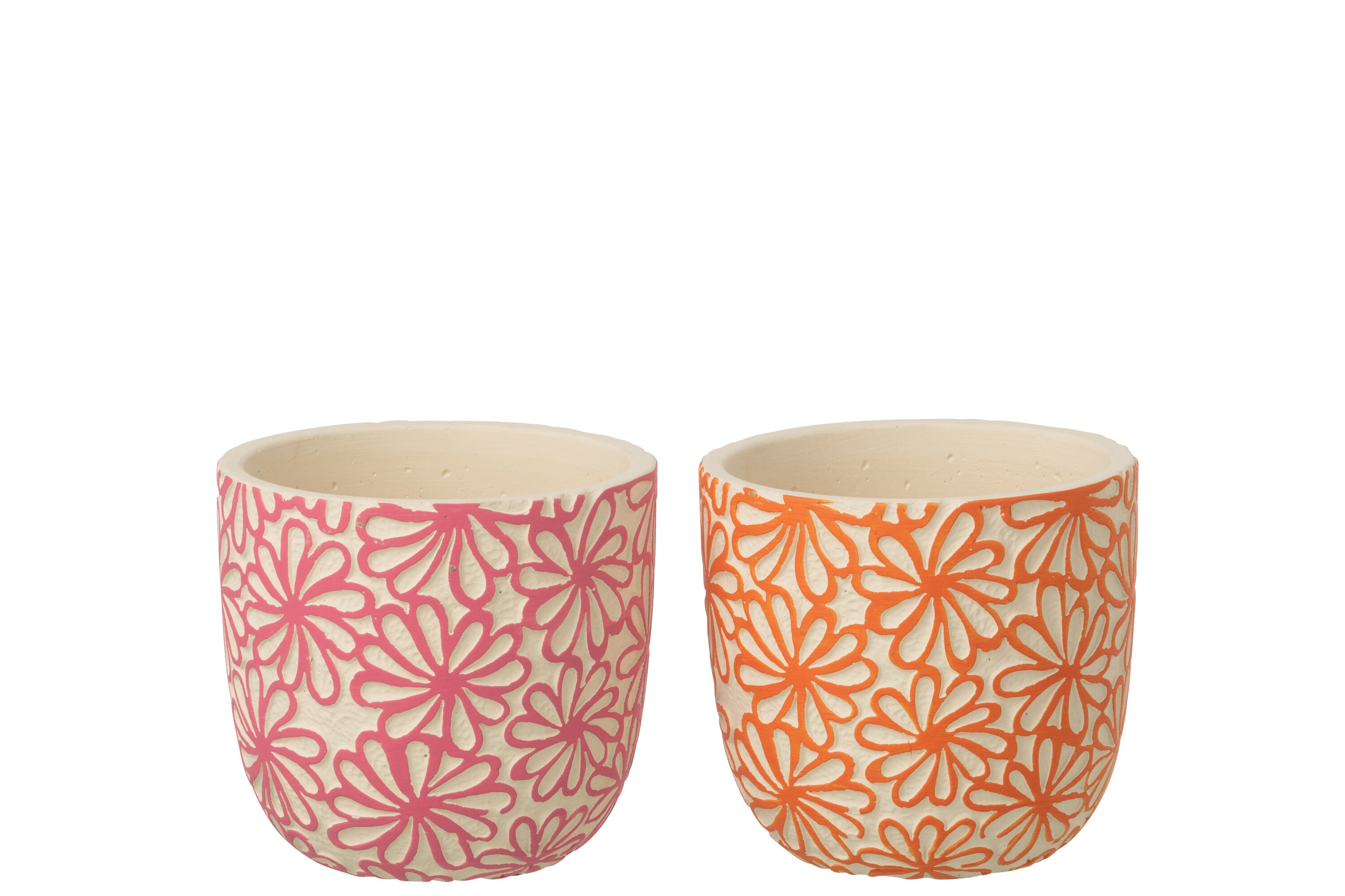 J-Line bloempot Rond Bloemen - keramiek - roze/oranje - large - set van 2