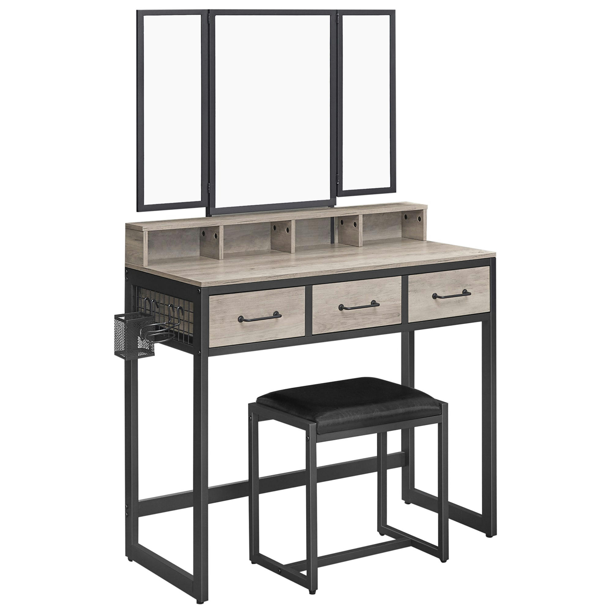 - Coiffeuse avec Tabouret et Miroir Triple 3 Tiroirs Porte-sèche-Cheveux