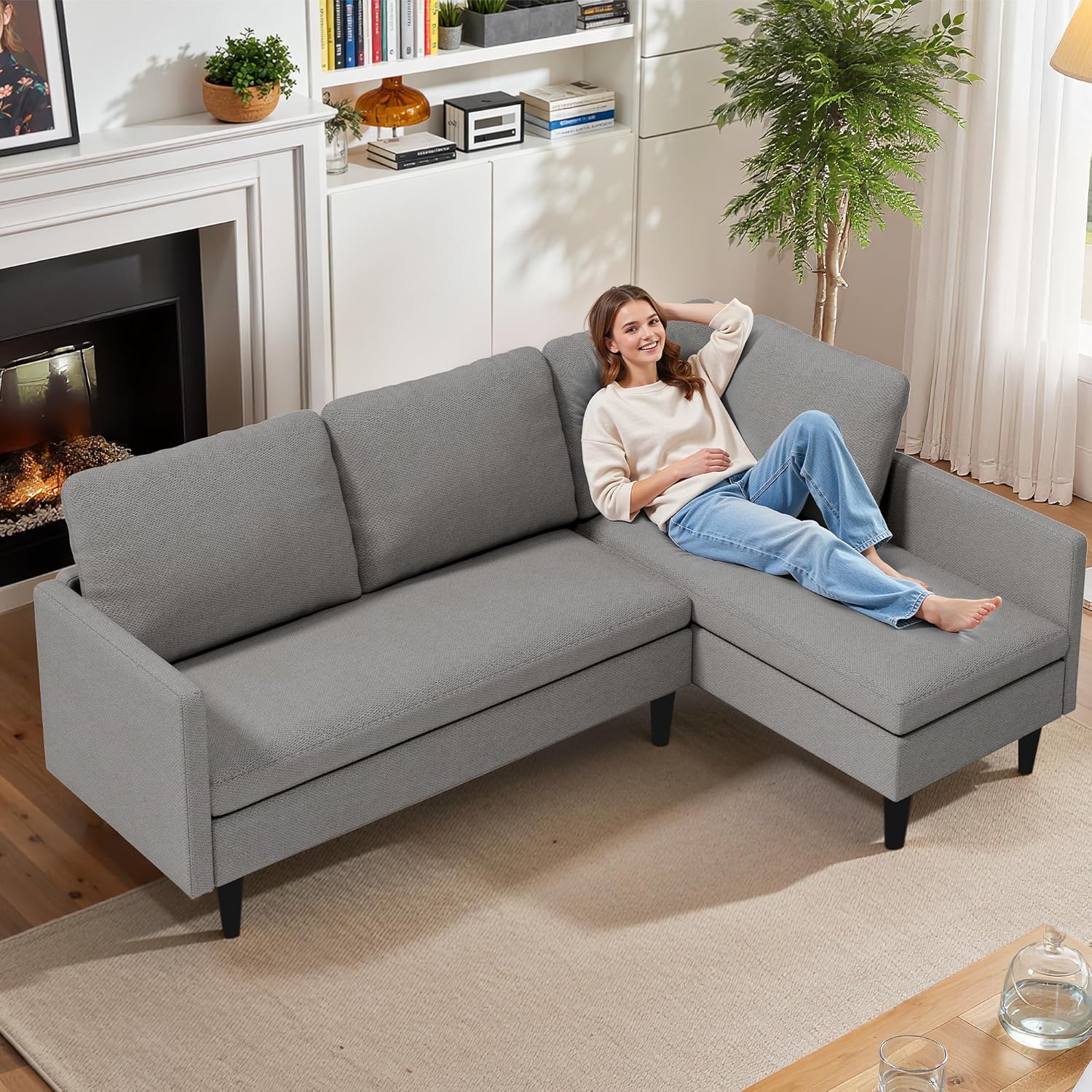 Gizoon Convertible Sectional Sofa, Convertible to L-Shaped Sofa, Linear and Sofa Bed, with Comfortable and Soft Fabric, Four Pillows, for Living Room, Apartment and Office, Light Gray