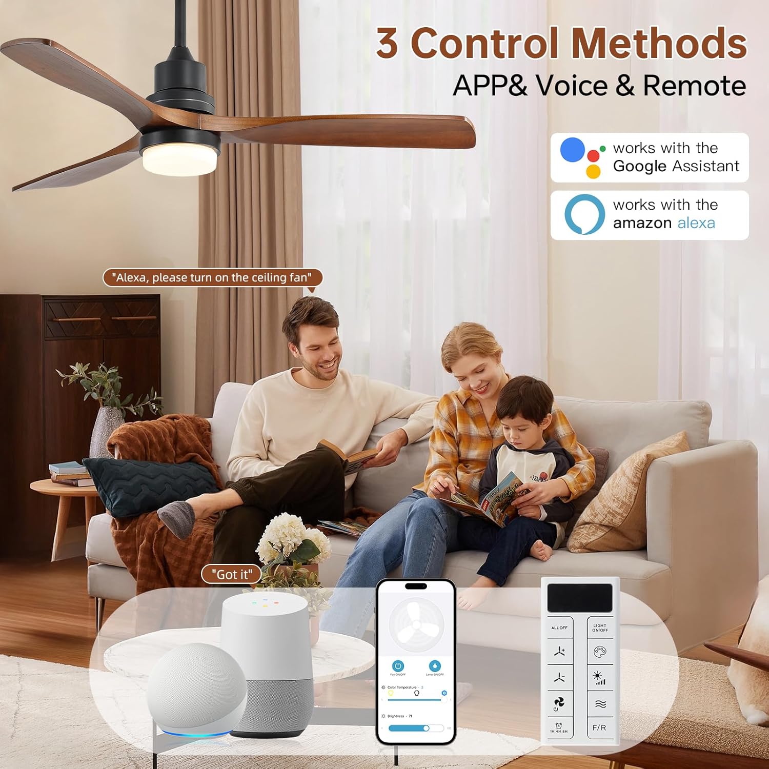 Sofucor Smart Ceiling Fan, 52 Low Profile Ceiling Fans with Lights and Remote, Compatible with Alexa/Google/App, 3-Color Light 6-Speed DC Motor Reversible Timer for Bedroom Living Room Patio Outdoor