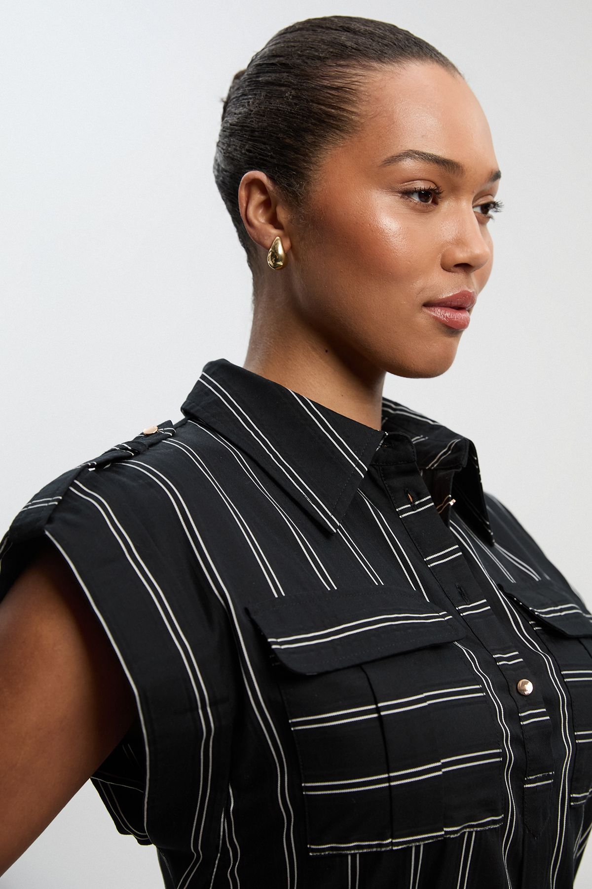 KarenMillen Plus Size Bold Stripe Cotton Woven Maxi Shirt Dress