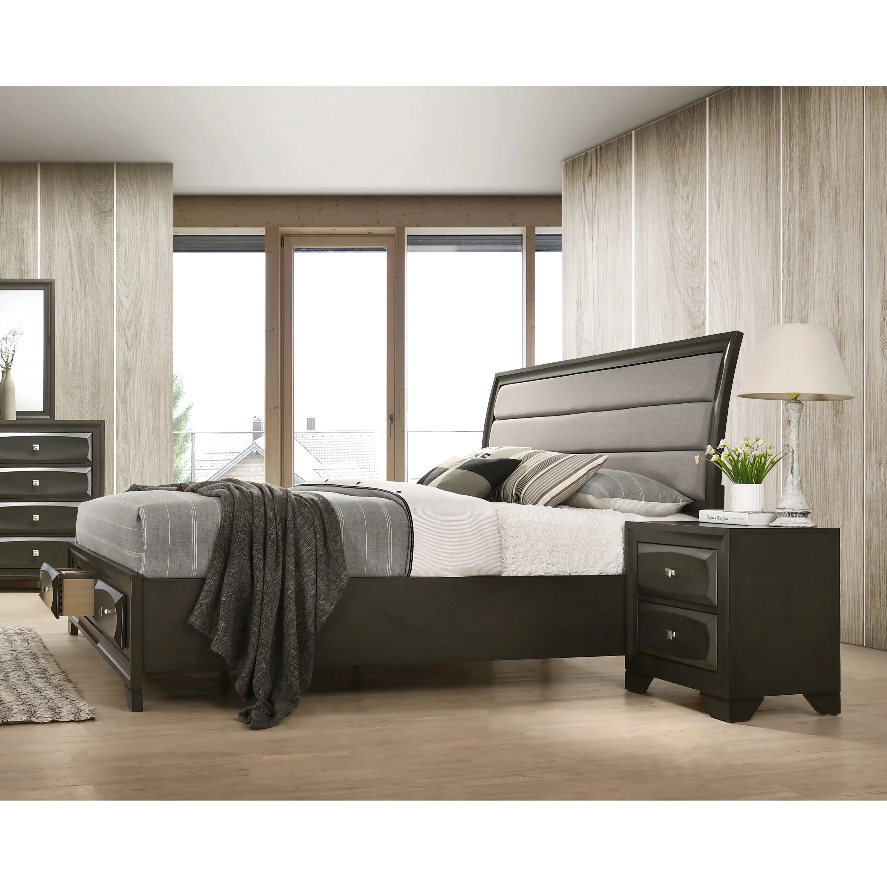 Roundhill Furniture Oakland Antique Gray Finish Wood 3-Piece Bedroom Set, Upholstered Bed and Two Nightstands