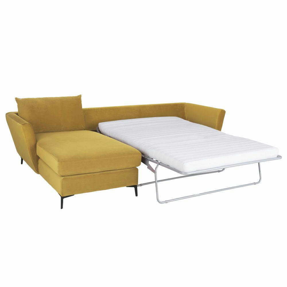 Prague - Canapé d'angle gauche convertible 2/3 places en velours jaune moutarde, matelas 10 cm