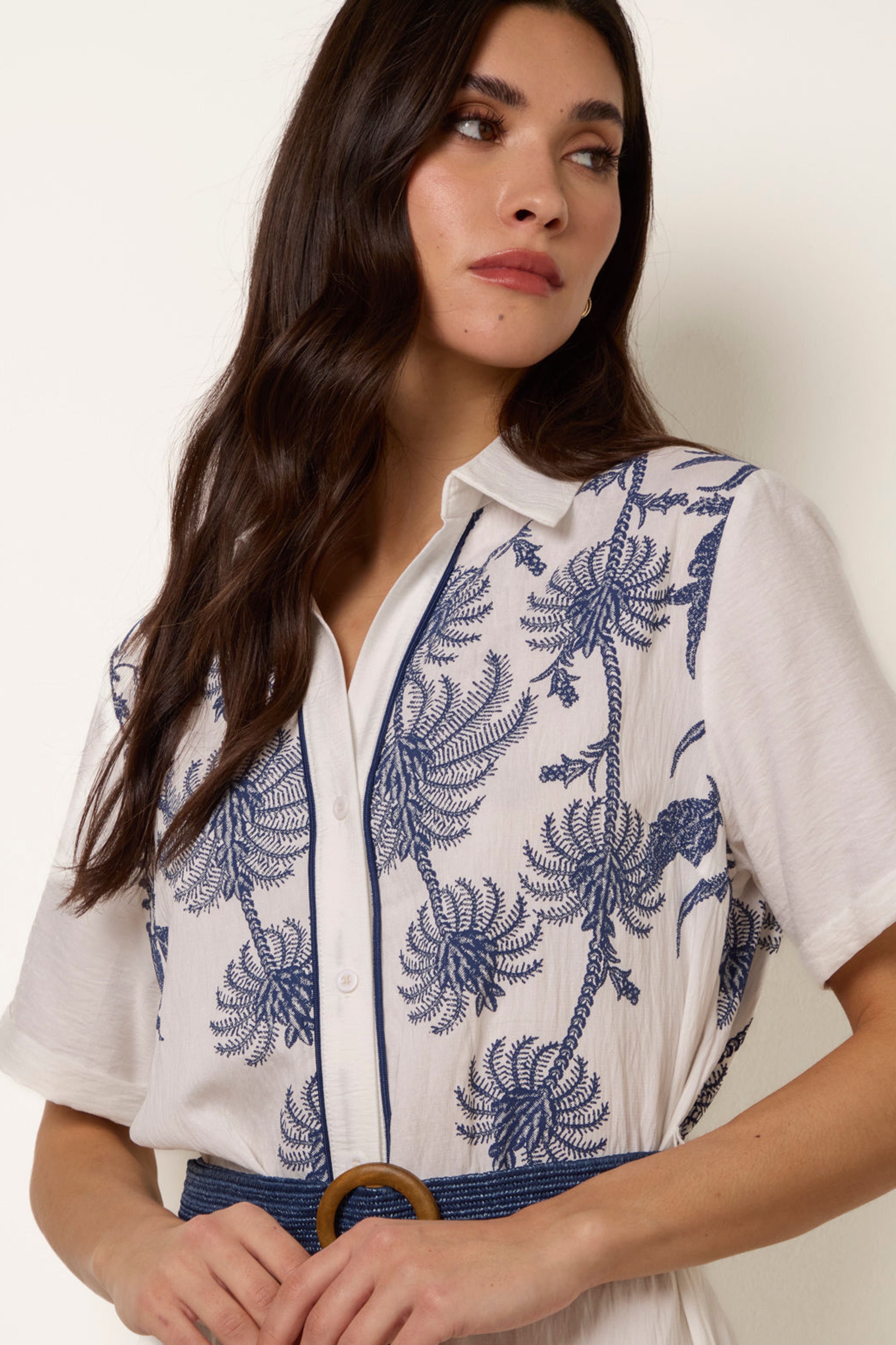 Blue Vanilla White Tropical Palm Embroidery Dress