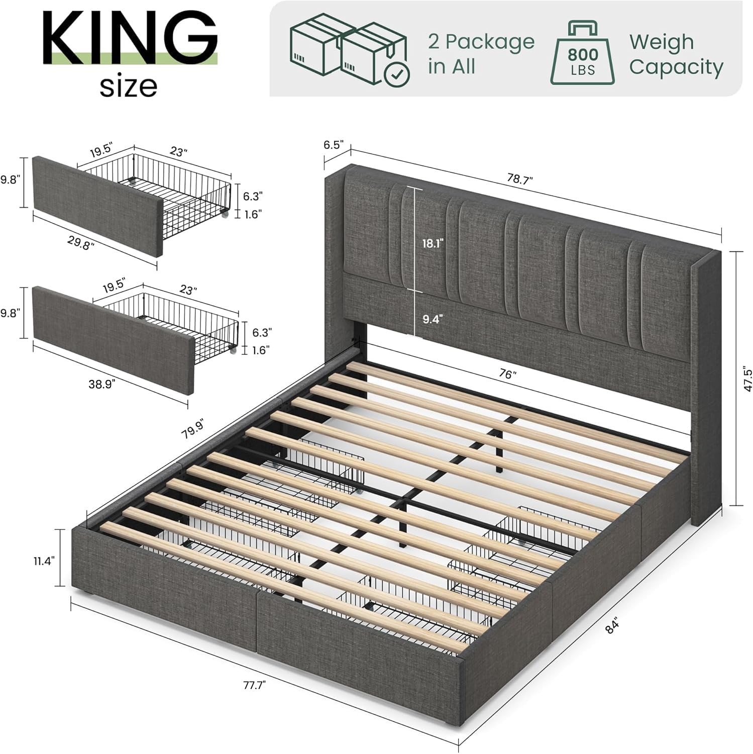 LARMACE King Size Bed Frame with Storage Drawers and Wingback Headboard, Linen Upholstered Platform Bed Frame with Wooden Slats, Easy Assembly, Light Grey