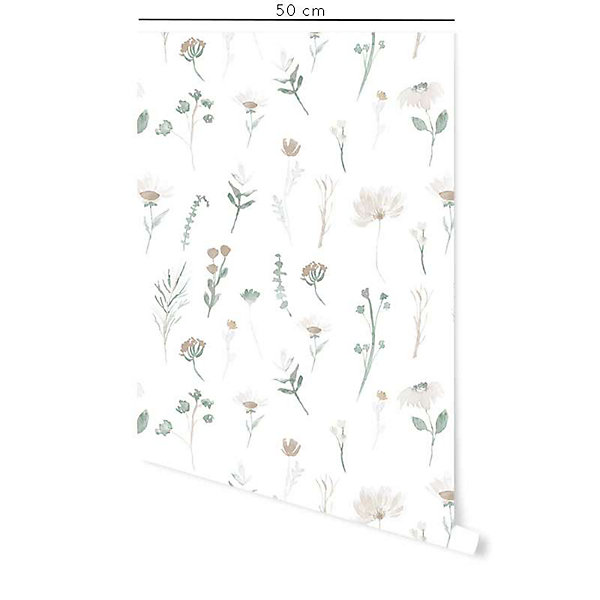 Papier peint adhésif fleuri vert et beige en vinyle lavable et amovible - 1 rouleau 50x300 cm - Decochic
