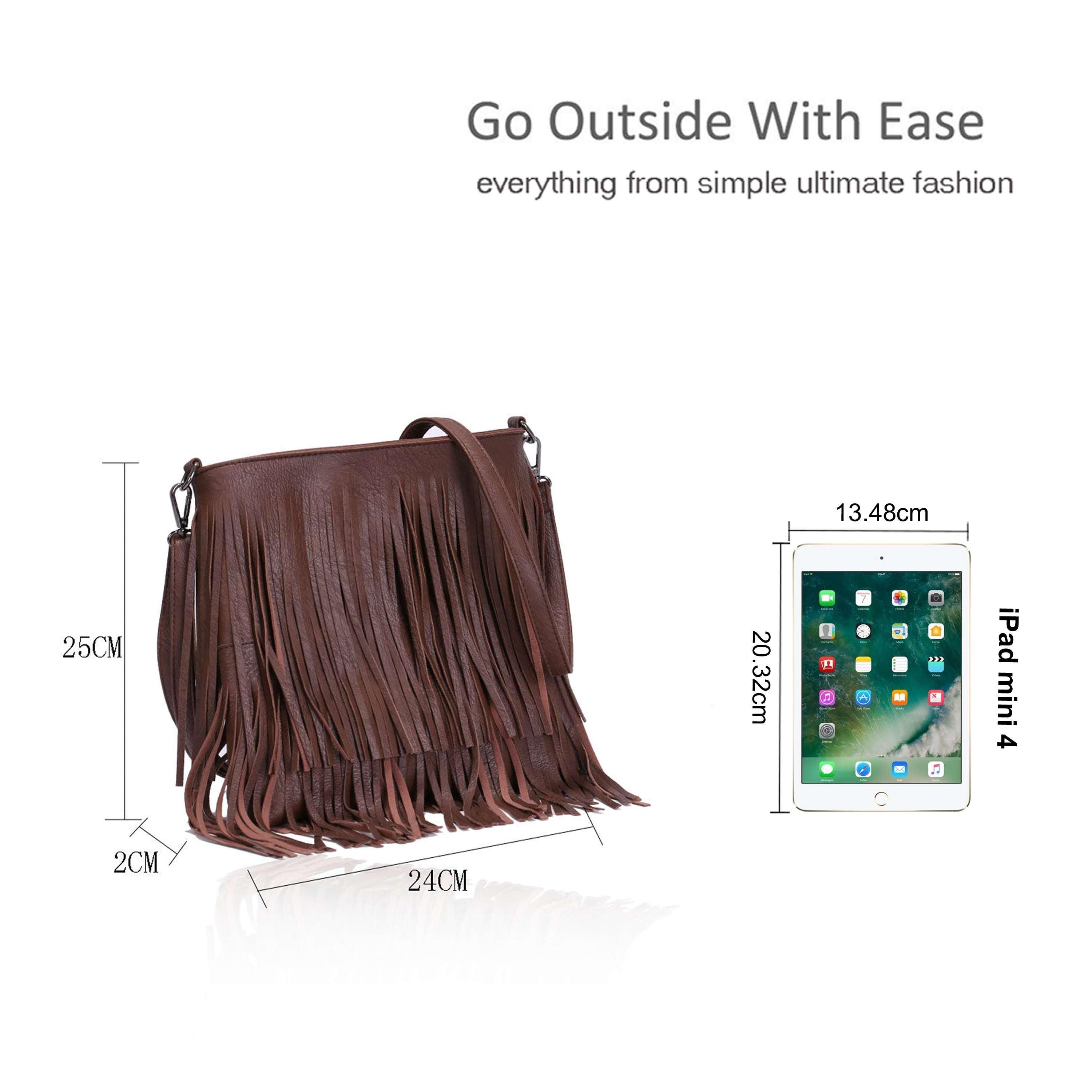 Kitise Classic PU Leather Fringe Detail Boho Style Crossbody Handbag