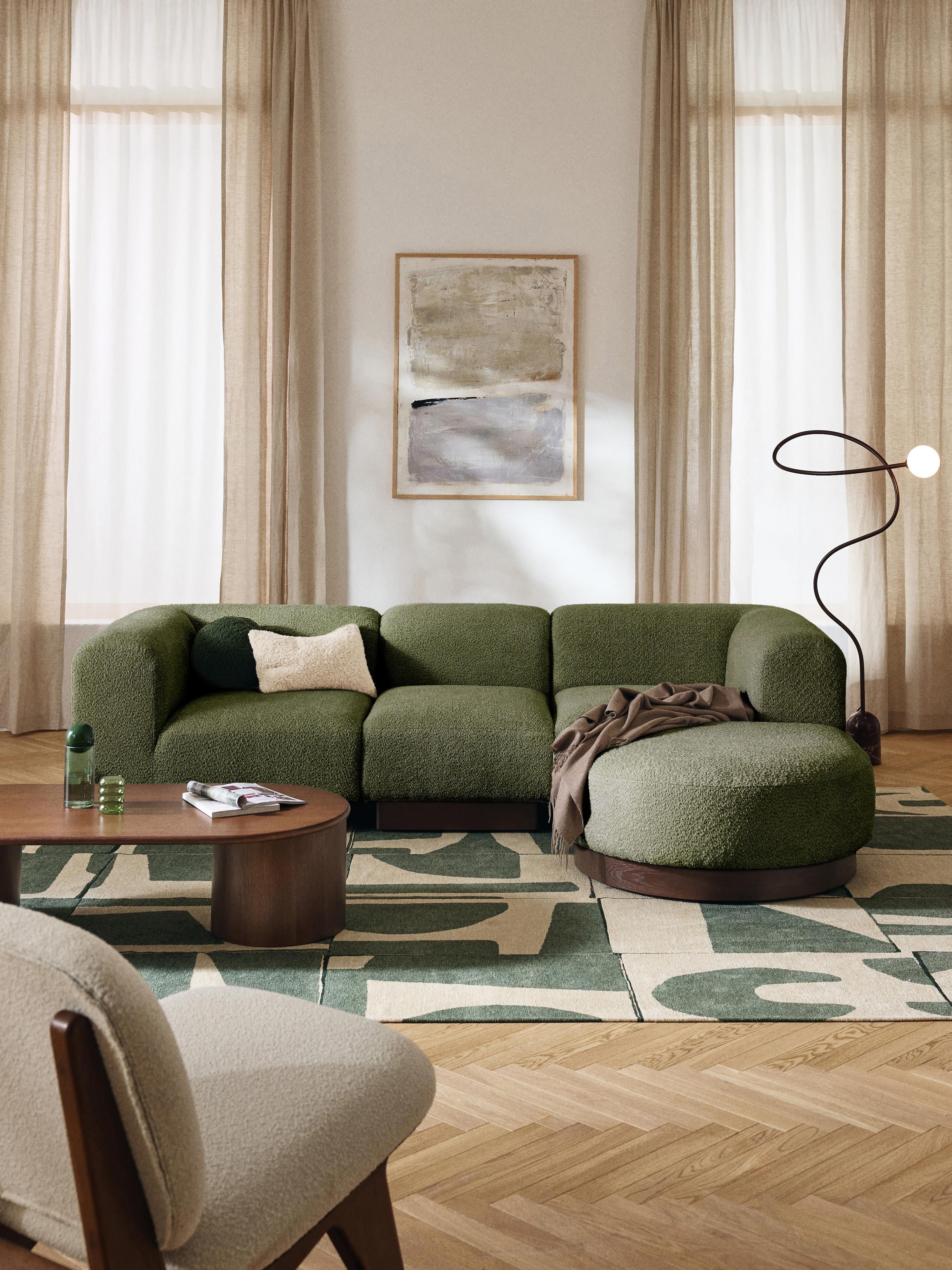 Modulares Sofa Natalie (3-Sitzer) aus Teddy-Bouclé mit Hocker (links/rechts)