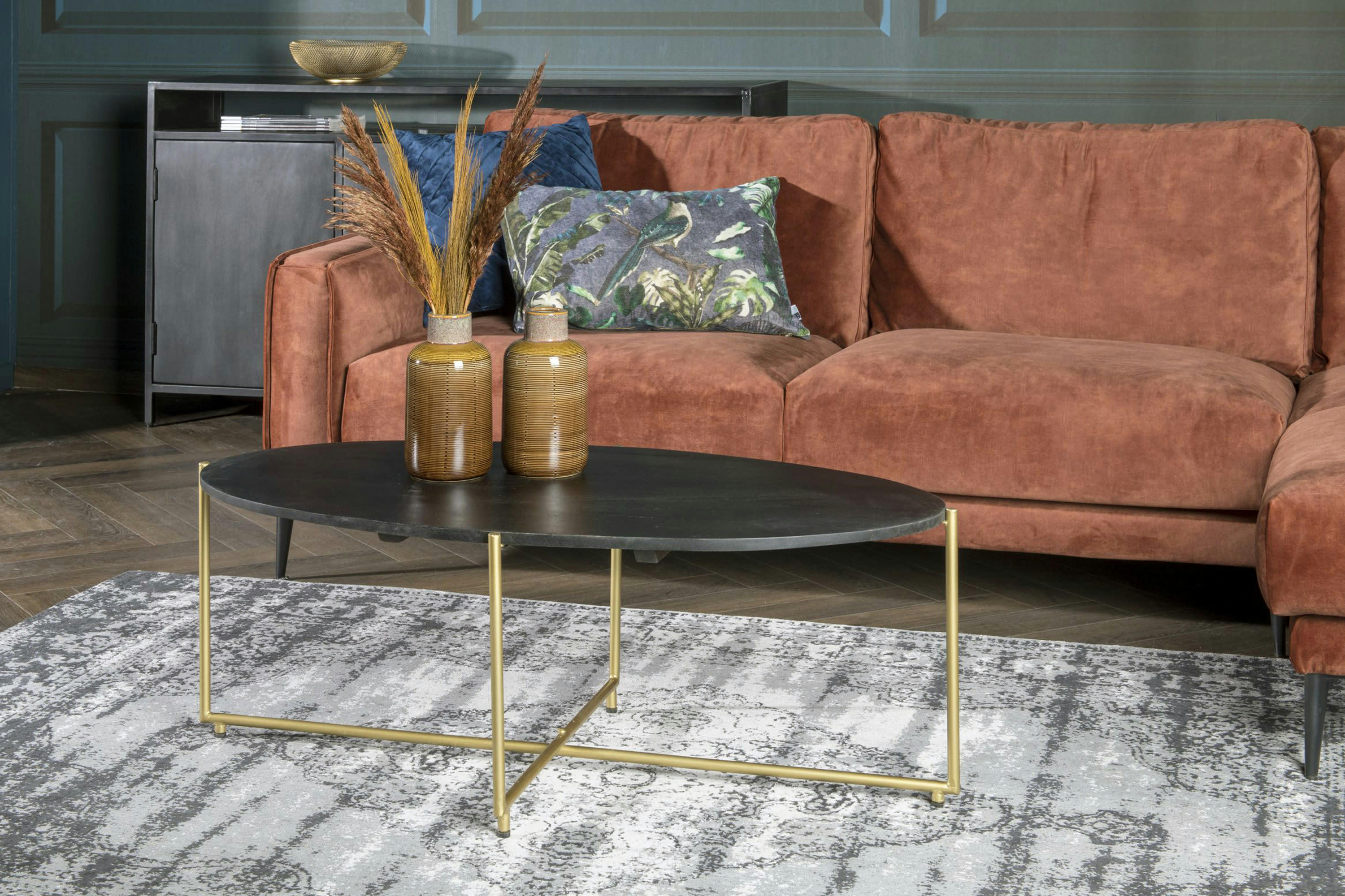 BRASS - BRASS-Table basse ovale 110x40, bois de Manguier massif noir et laiton