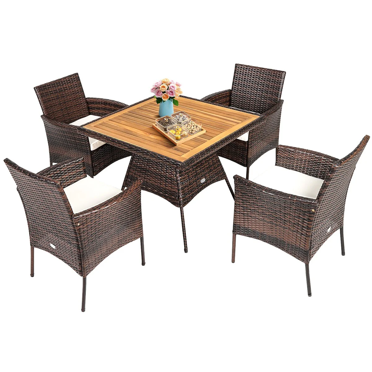 Costway 5PCS Patio Rattan Dining Furniture Set Arm Chair Wooden Table - See details