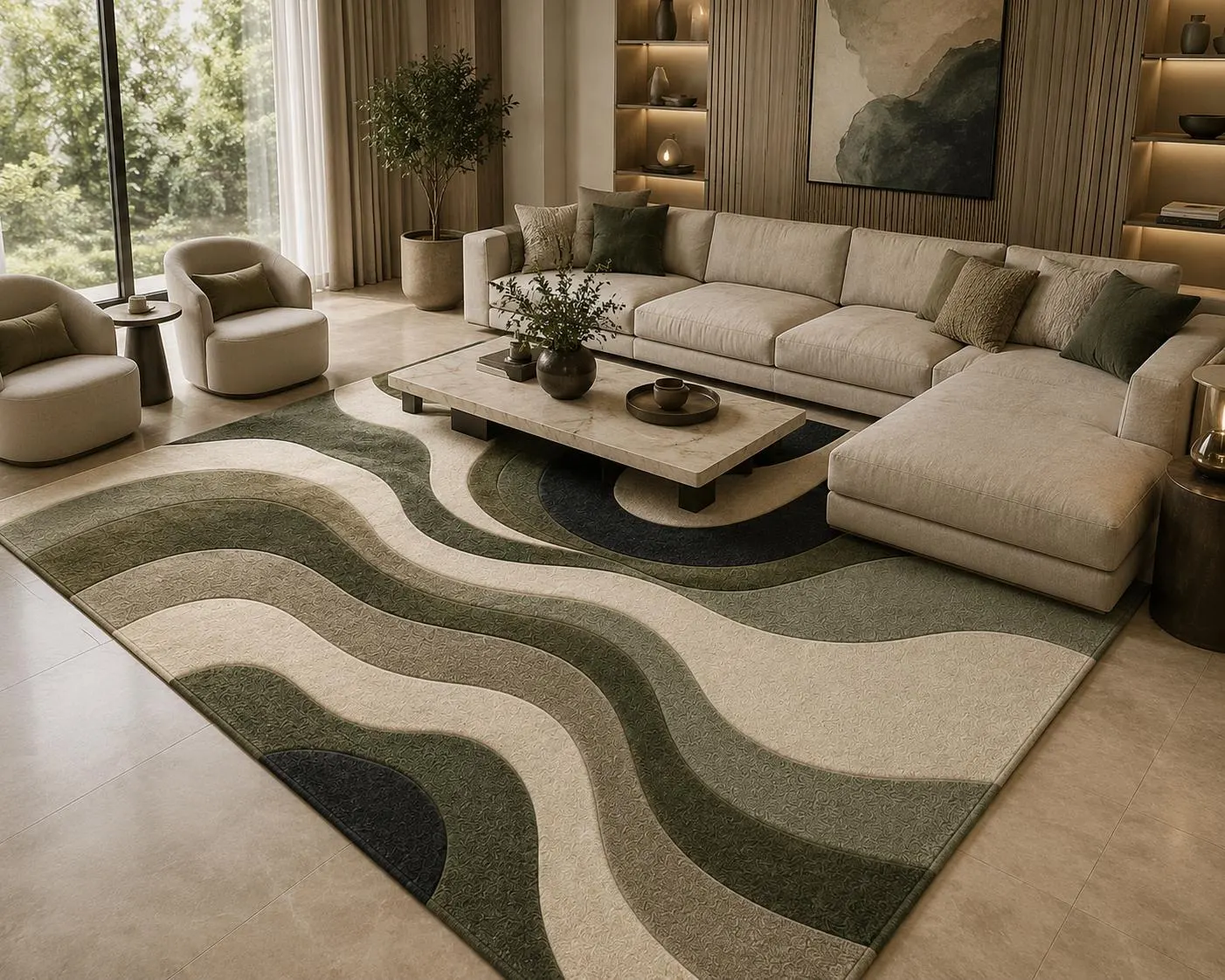 Modern Abstract Wave Rug, Olive Green Cream Area Rug, Luxury Contemporary Wool Rug, Neutral Living Room Decor