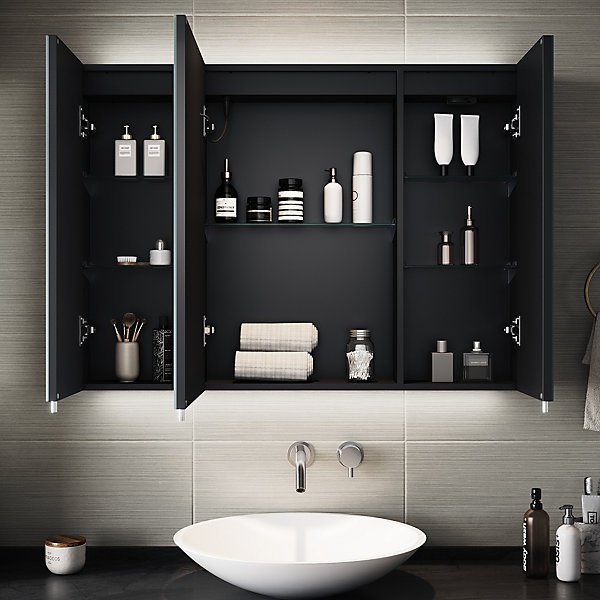 Armoire de toilette SIRHONA Extra Large Miroir 90x65 cm   Grand Rangement   Température LED tricolore   Anti-buée   Prise rasoir