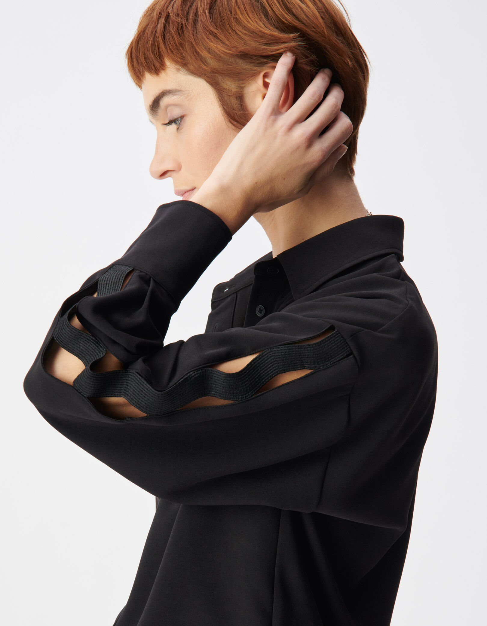 Chemise noire manches longues ajourées Femme