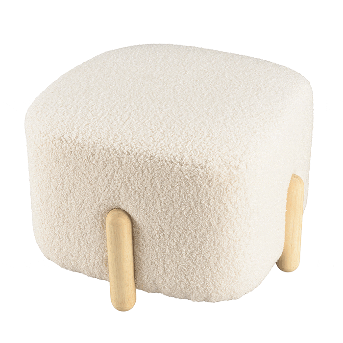 Pouf carré tissu bouclette écru pieds bois COLOMBUS