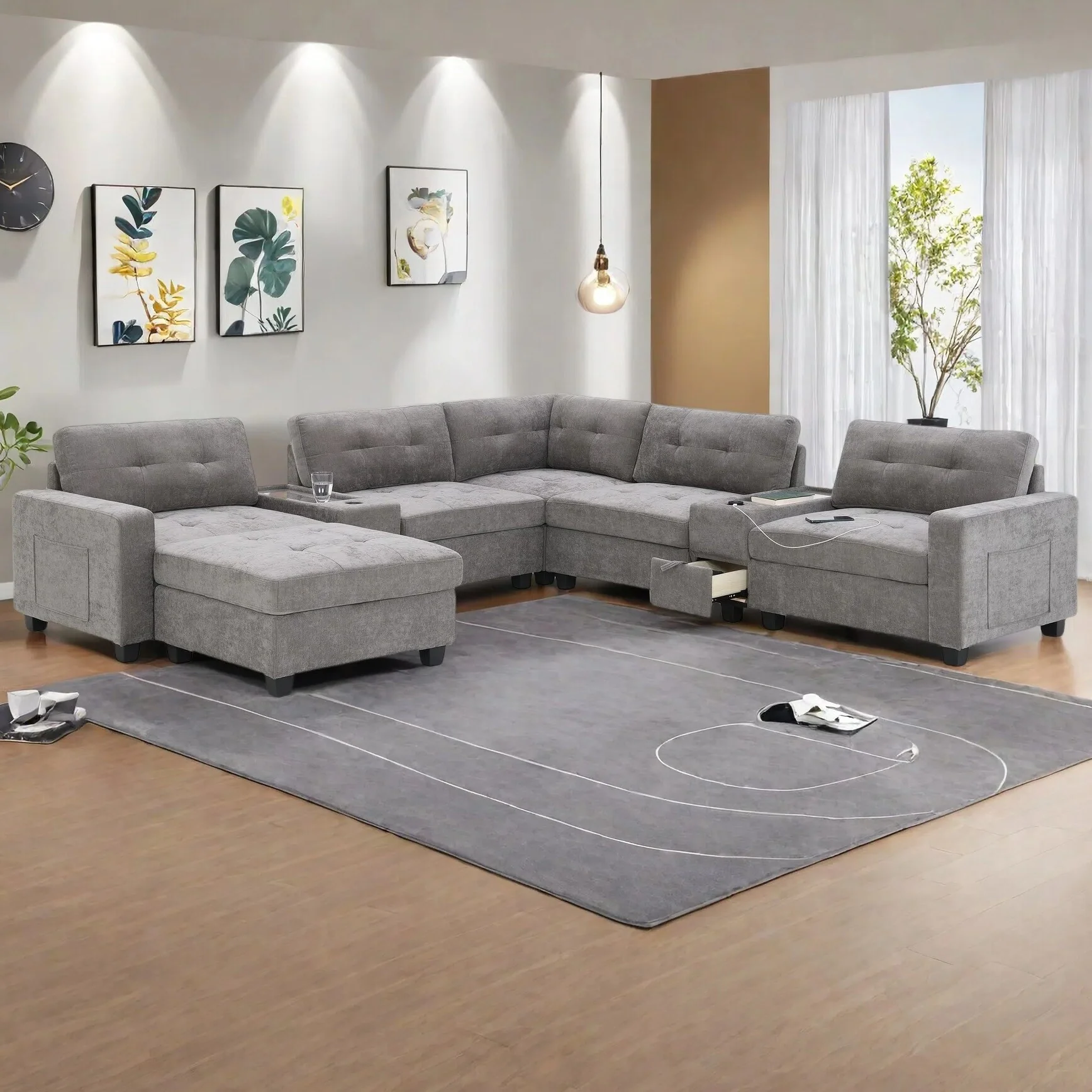 8-Piece Modular Chenille Sectional Sofa with Movable Ottoman, 2 Acrylic Top Consoles, Storage Drawers, Wireless & USB Charging