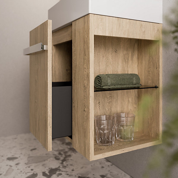 Meuble vasque lave-main Chêne miel 45x35x50cm (LxPxH) 1 tiroir   rangement droite   poignée Chrome - COMPACT450