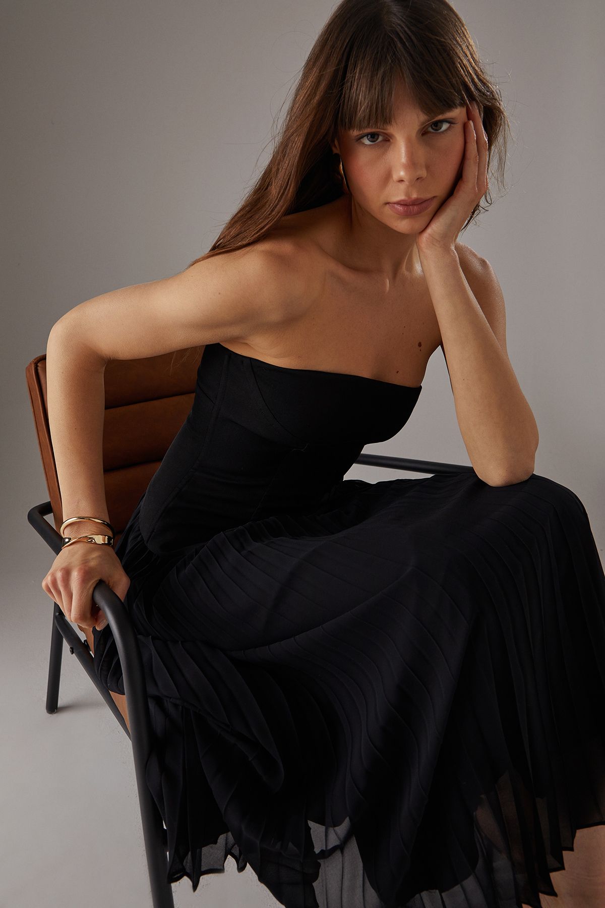 Warehouse Bandeau Bodice Pleated Chiffon Midi Dress