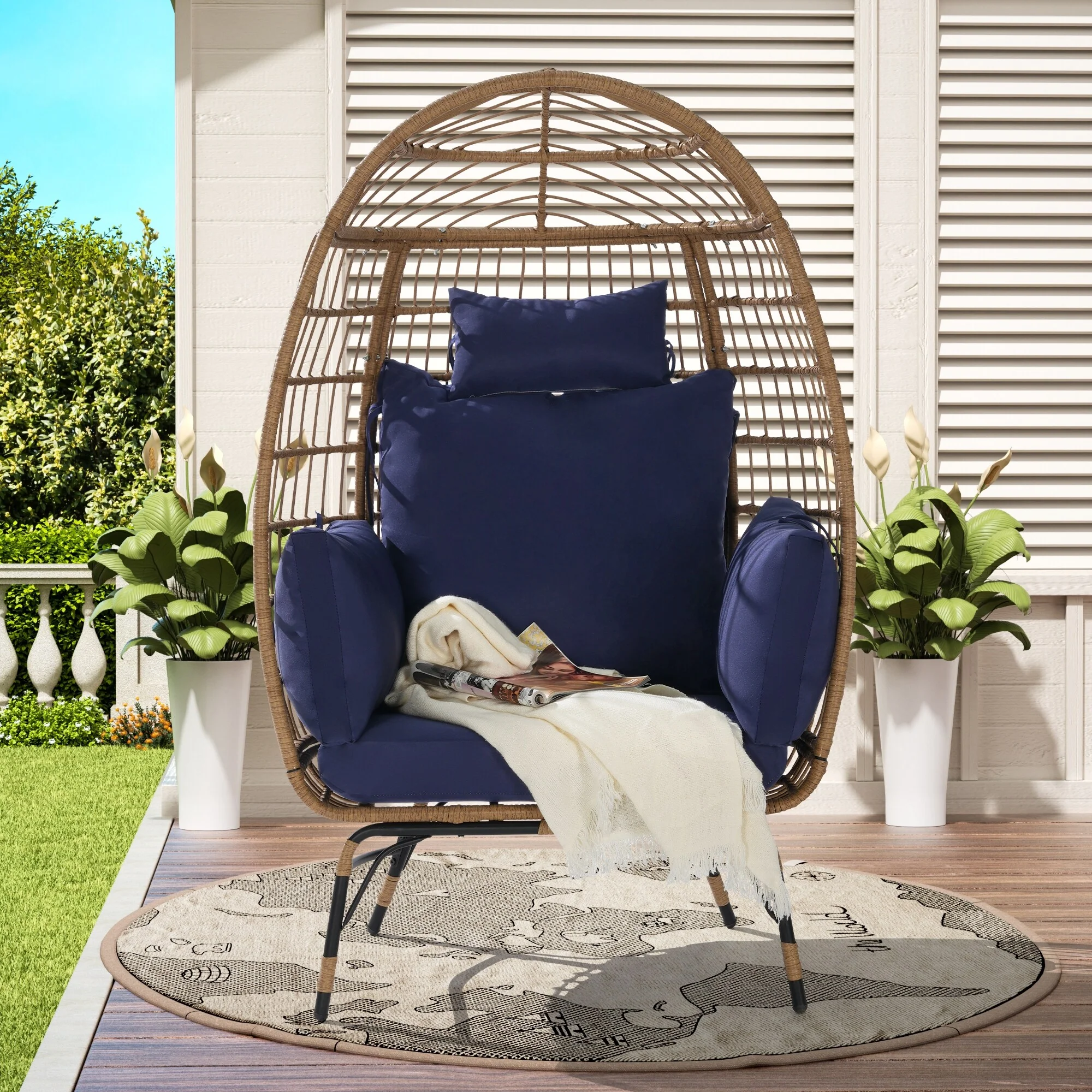 Patio Rattan Egg Chair Basket Chairs Lounge Chair wCushion & Pillow