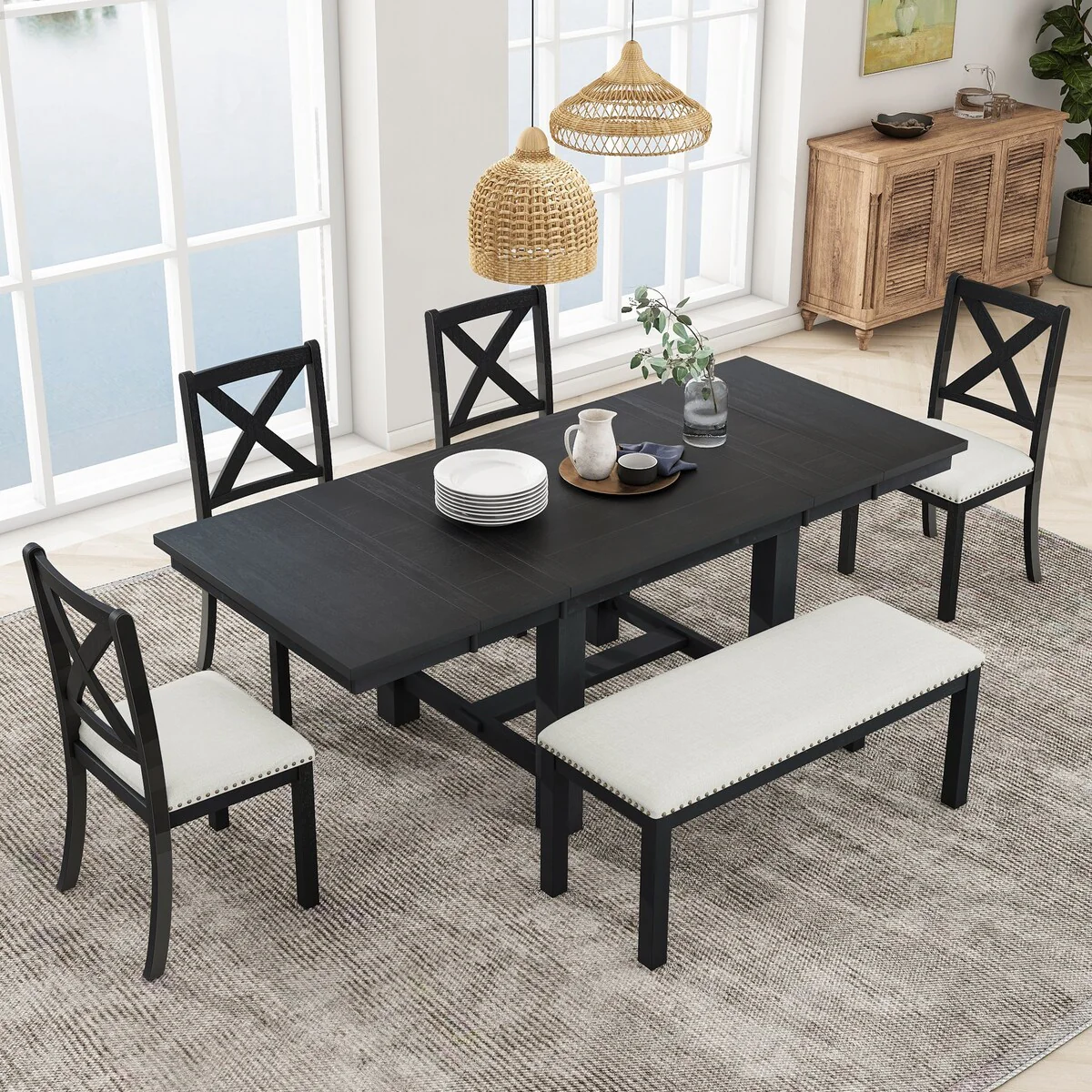 Farmhouse 6-Piece Extendable Dining Table Set with 11 Leaves, Acacia Wood Construction, Black Table, Beige Cushion, Seats 6