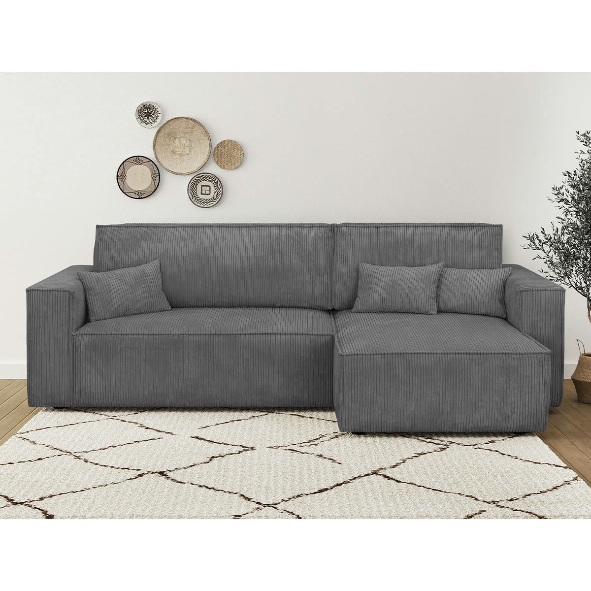 LIVIA NEW - Canapé d'angle convertible 4 places en velours côtelé gris anthracite