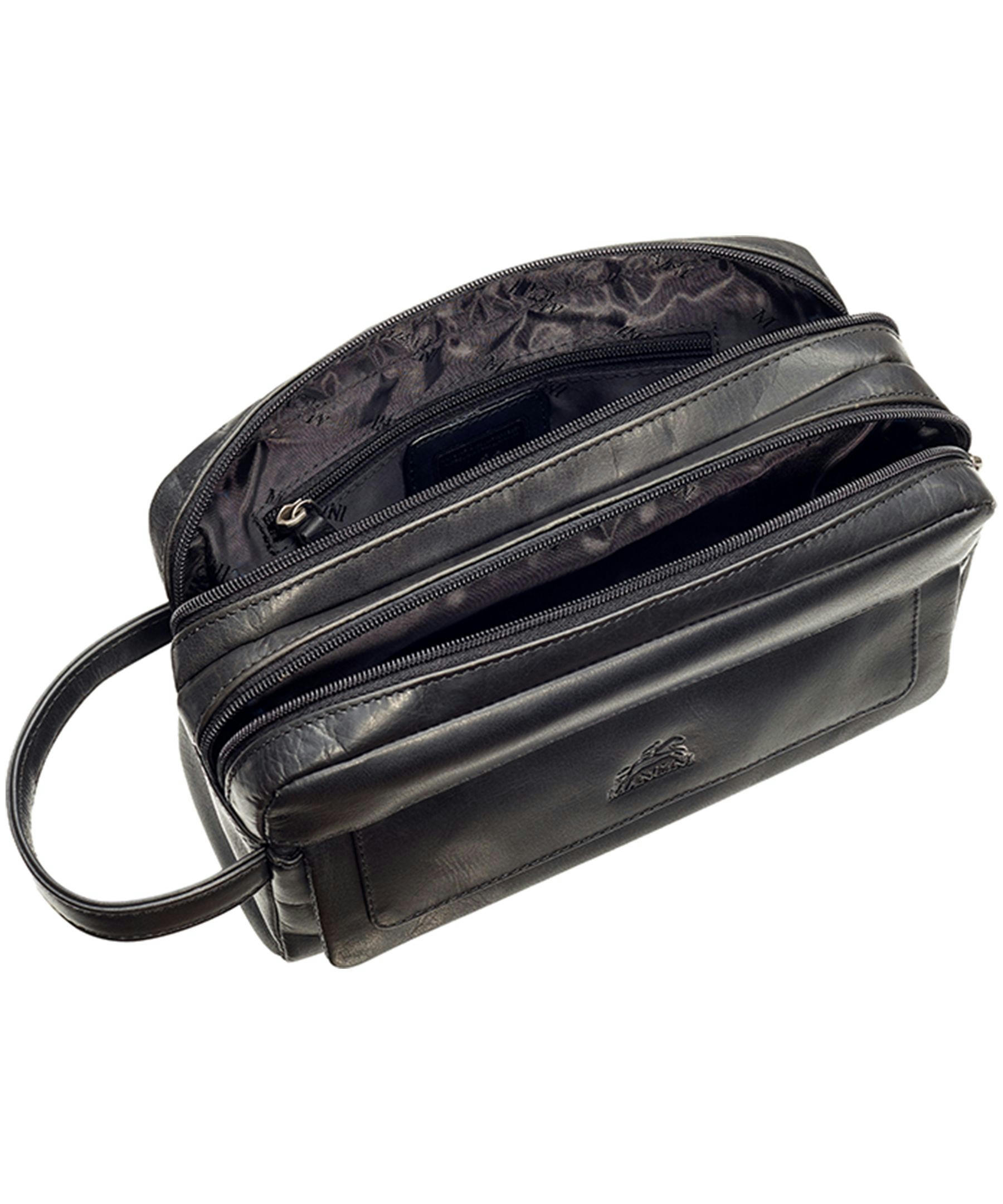 Mancini Leather Goods Men's Buffalo Double Zip Toiletry Kit Black