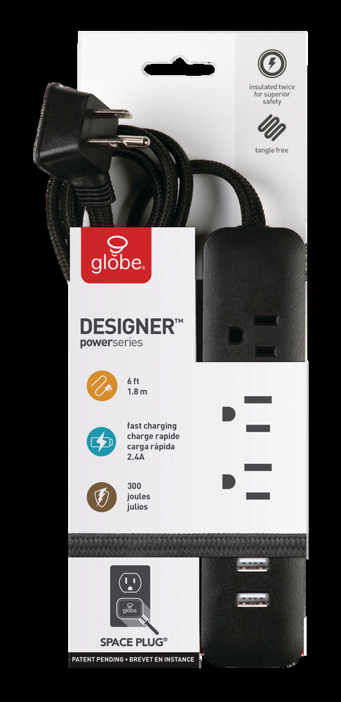 Globe Designer 3-Outlet Power Strip Surge Protector with 2 USB Outlets, Black, 6-ft