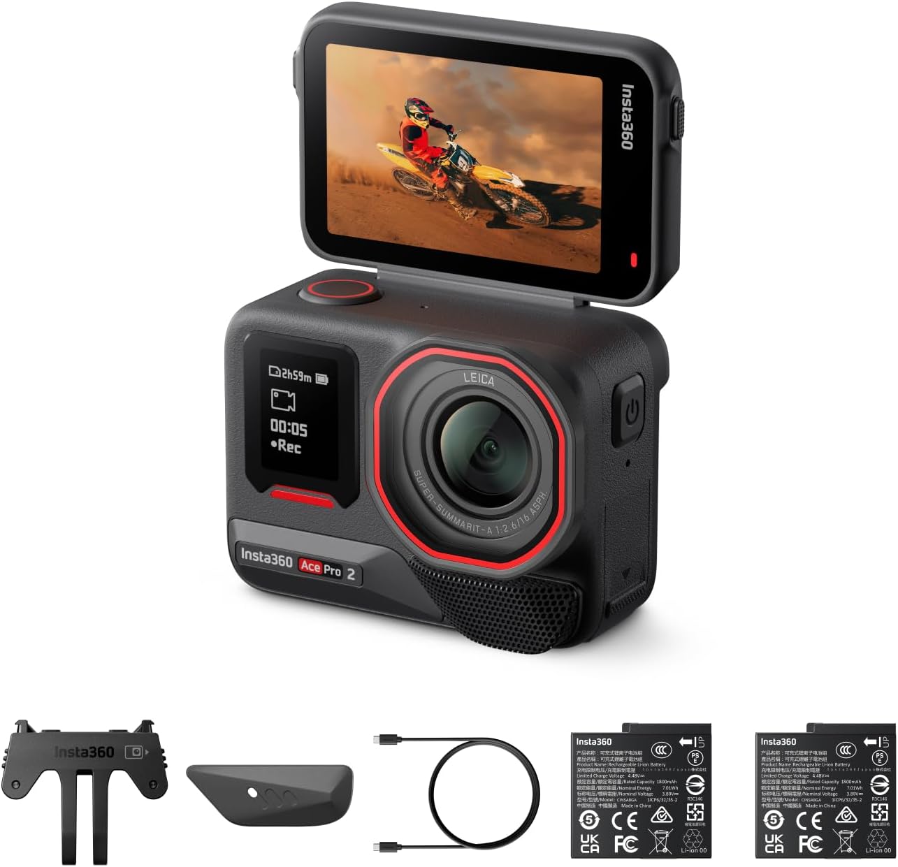 Insta360 Ace Pro 2 Dual Battery Bundle - 8K Waterproof Action Camera Co-Engineered with Leica  1/1.3 Sensor  Dual AI Chip  Leading Low Light  Superior Audio