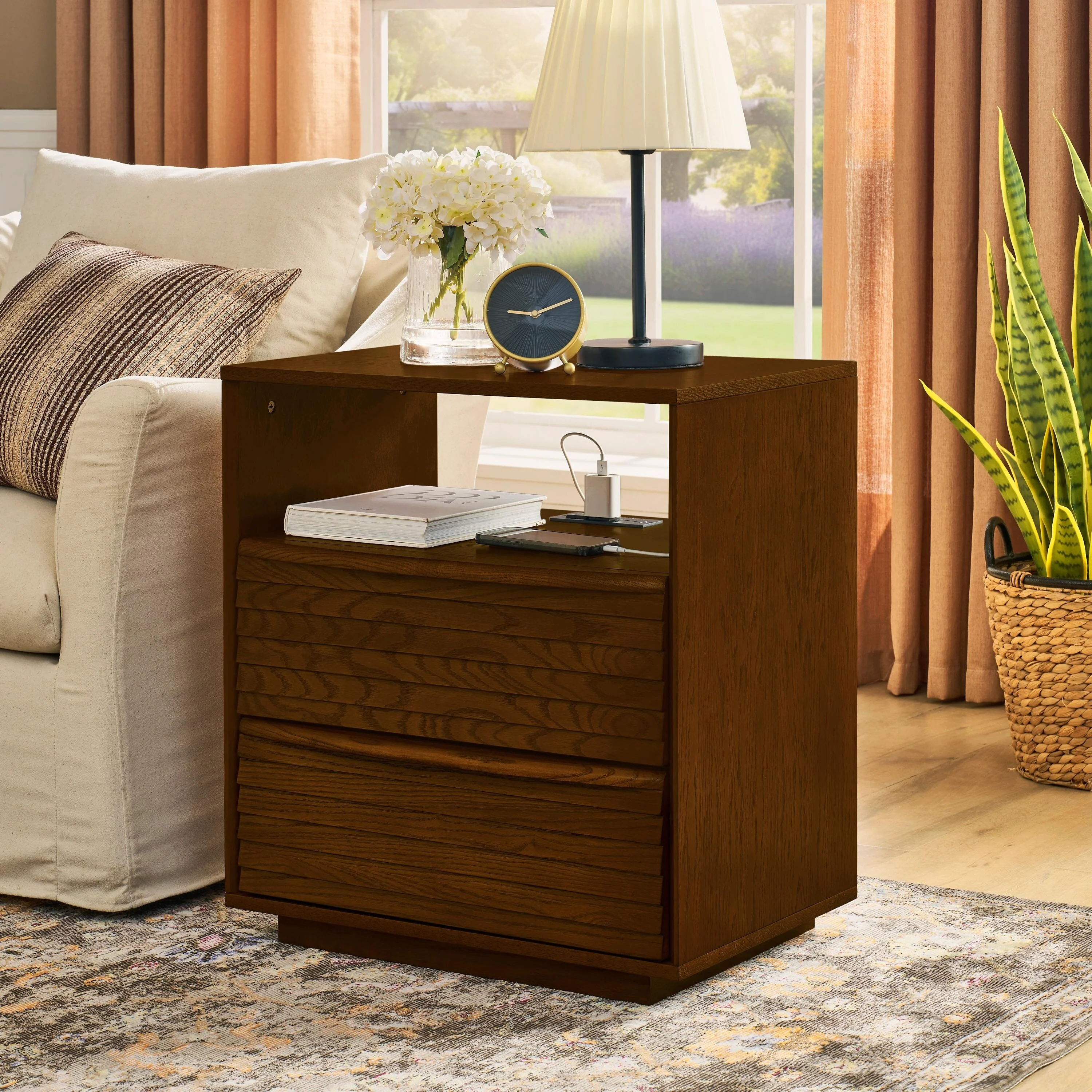 Mid Century Modern Nightstand with Charging Station & Outlet Hole & 2 Solid Wood Drawers