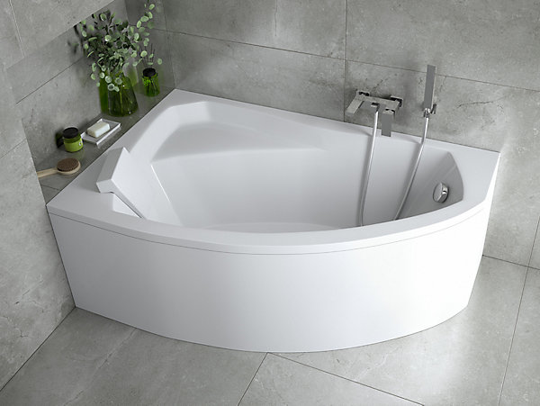Baignoire asymétrique 150 x 95 Gauche RIMA acrylique blanc   Habillage en polystyrène   Pieds   Vidage à chromé