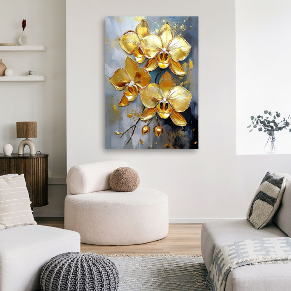 Feeby Obraz na płótnie, Złote Storczyki Kwiaty Glamour 40x60
