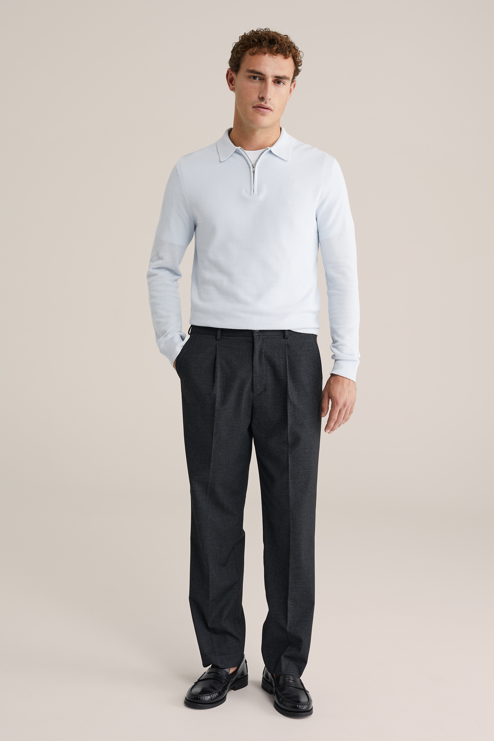 Heren regular fit trui van pique met quarter-zip