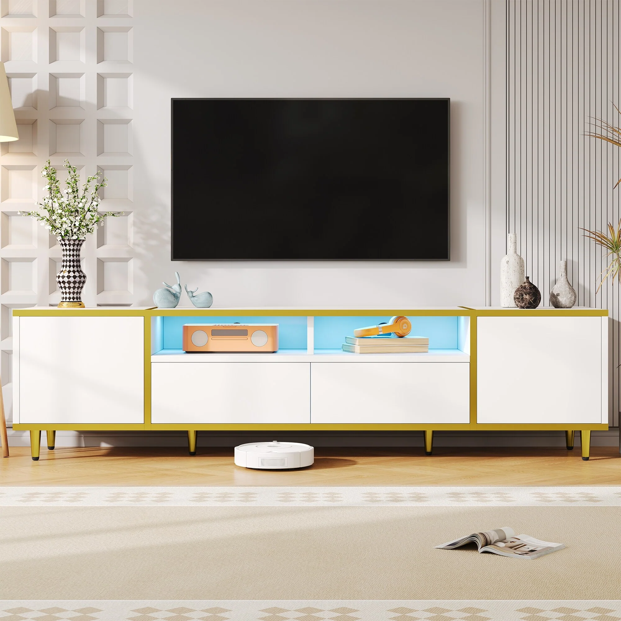 Modern TV Stand for TVs up to 80 Inches with LED Lights 2 Drawers 2 Cabinets 2 Shelves and Metal Legs