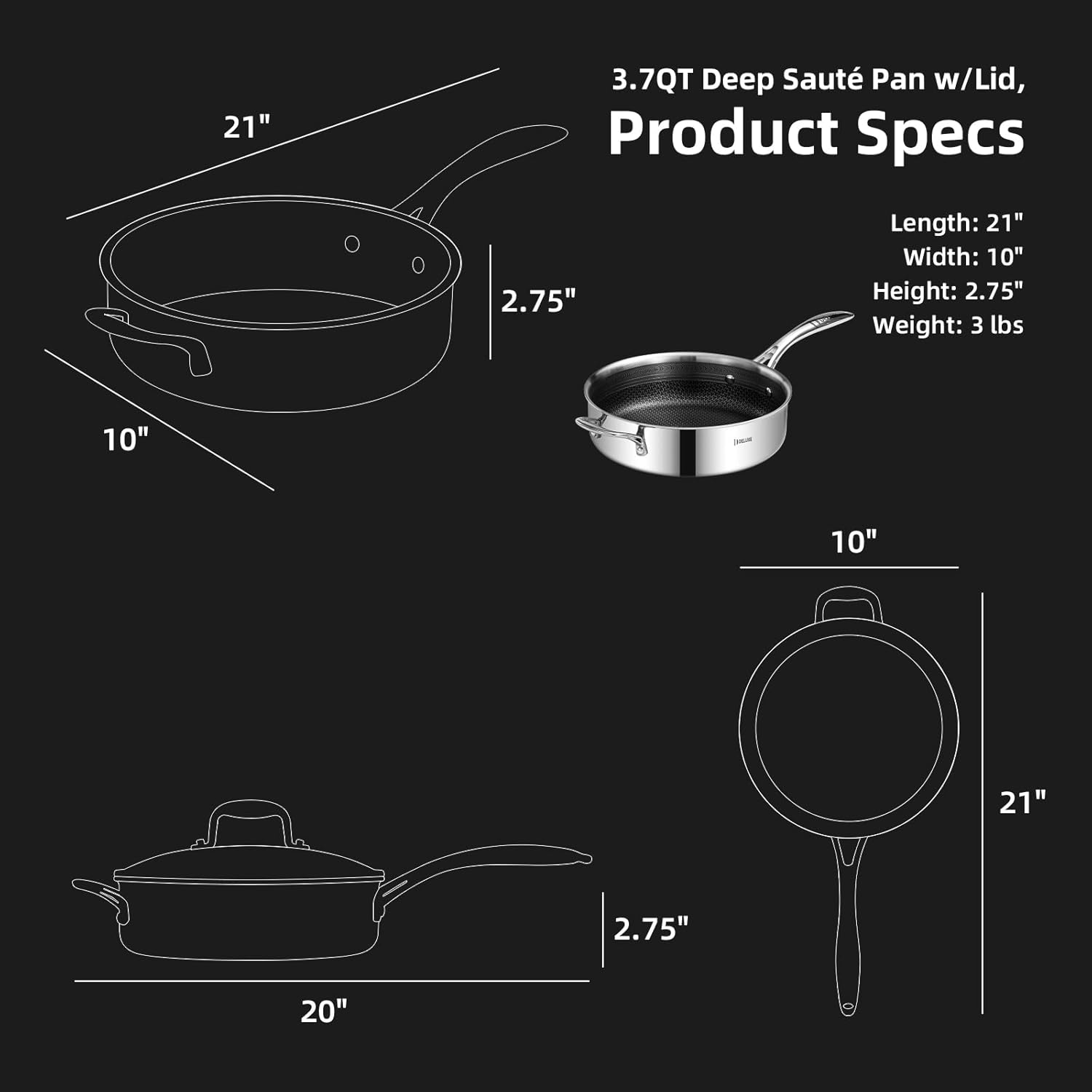 DELUXE Hybrid Ceramic Nonstick 3.7 Qt Deep Sauté Pan with Lid, Stainless Steel Skillet with Stay-Cool Handles, Dishwasher and Oven-Safe, PFOA Free Deep Frying Pan, Compatible with All Cooktops
