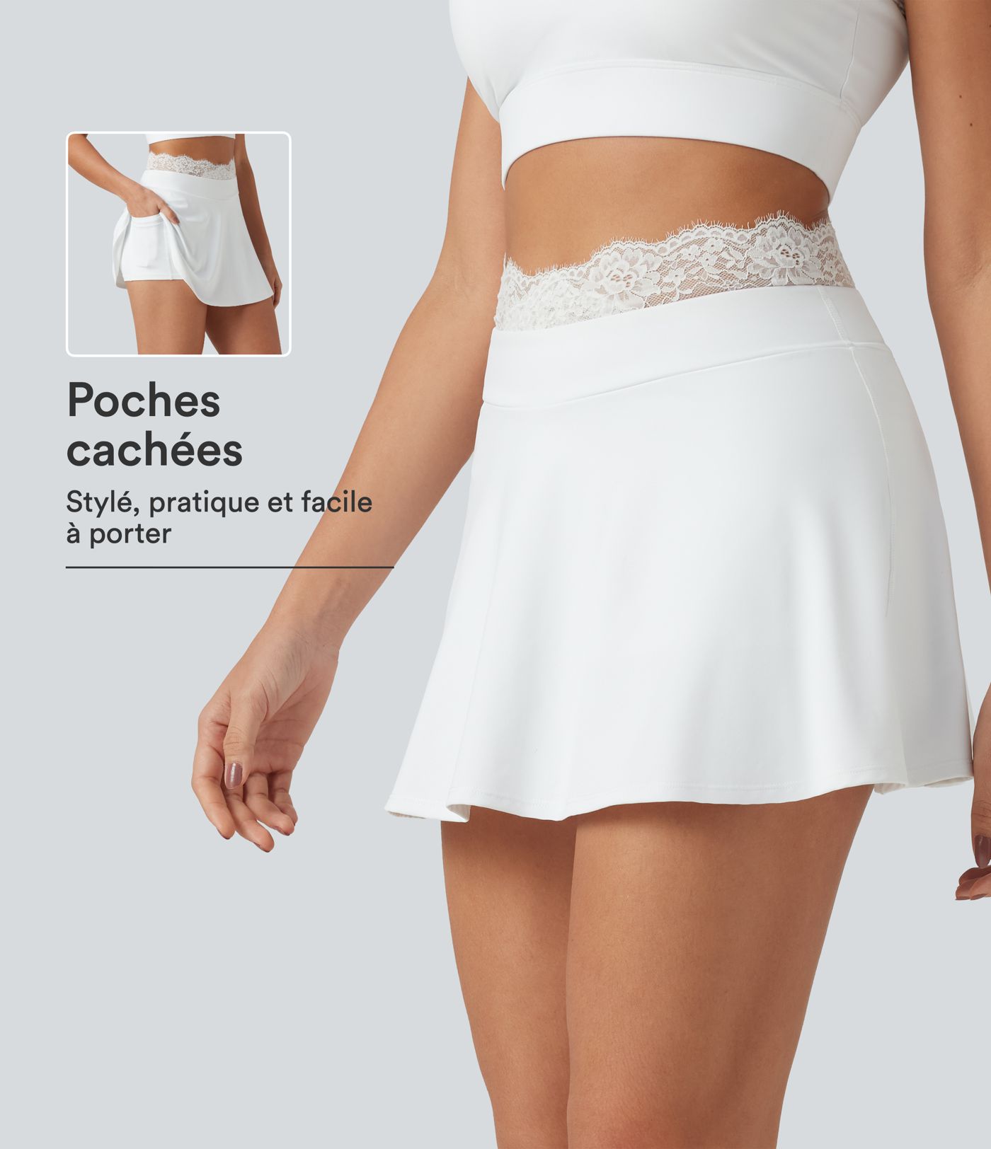 Jupe-short de tennis mini taille haute SoftlyZero™ Airy effet frais InstantCool avec dentelle contrastée, poches et protection solaire UPF50