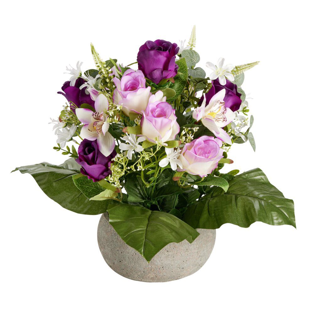 Composition florale artificielle rose orchidée bruyère vase ciment Ø40xH38cm