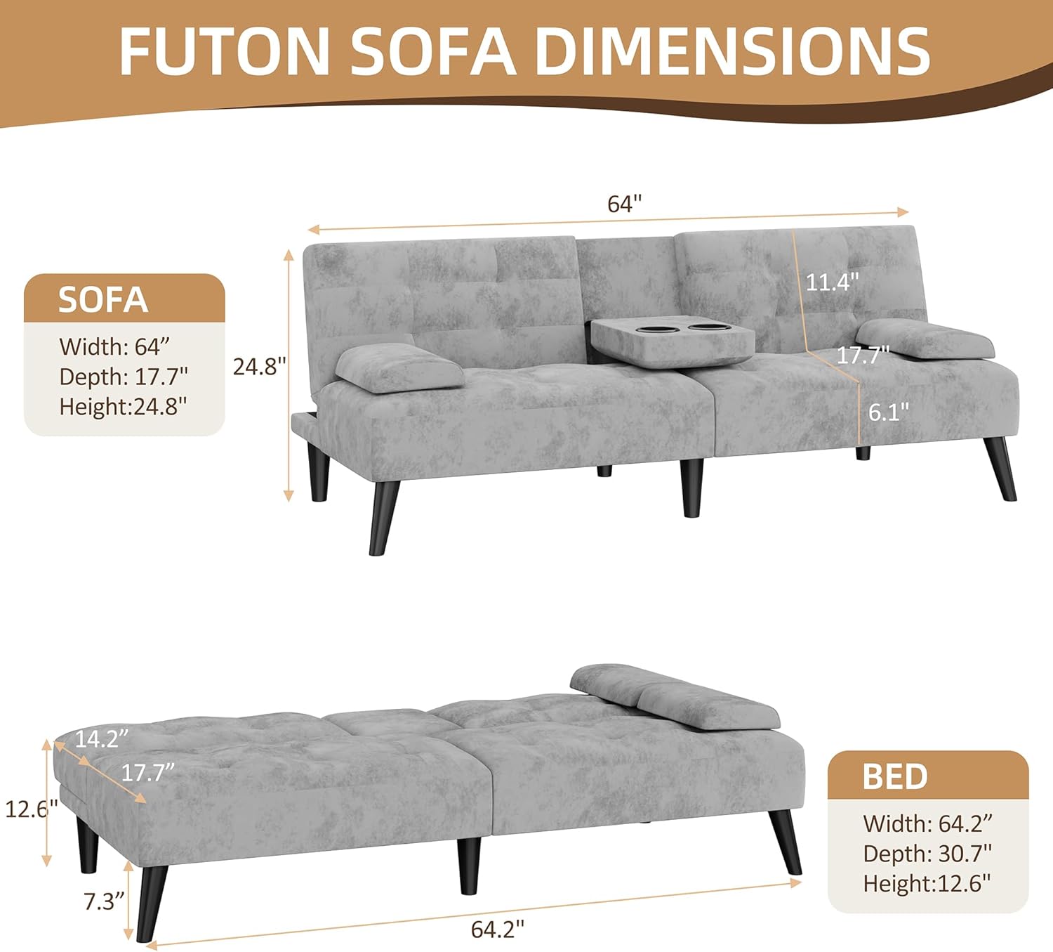 Shintenchi Futon Sofa Bed, Velvet Foldable Couch, Reclining Sleeper with Removable Armrests, Upholstered Loveseat Sofa Couch with Folding Cup Holders for Home, Office, Light Gray