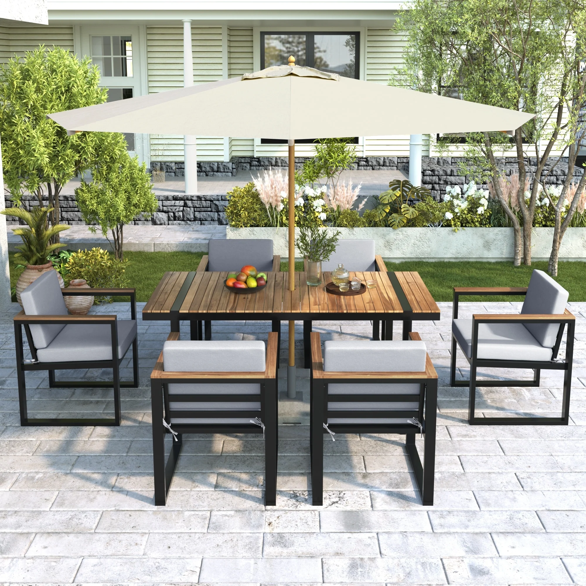 7-Pieces Patio Dining Table and Chair Set with Removable Cushions