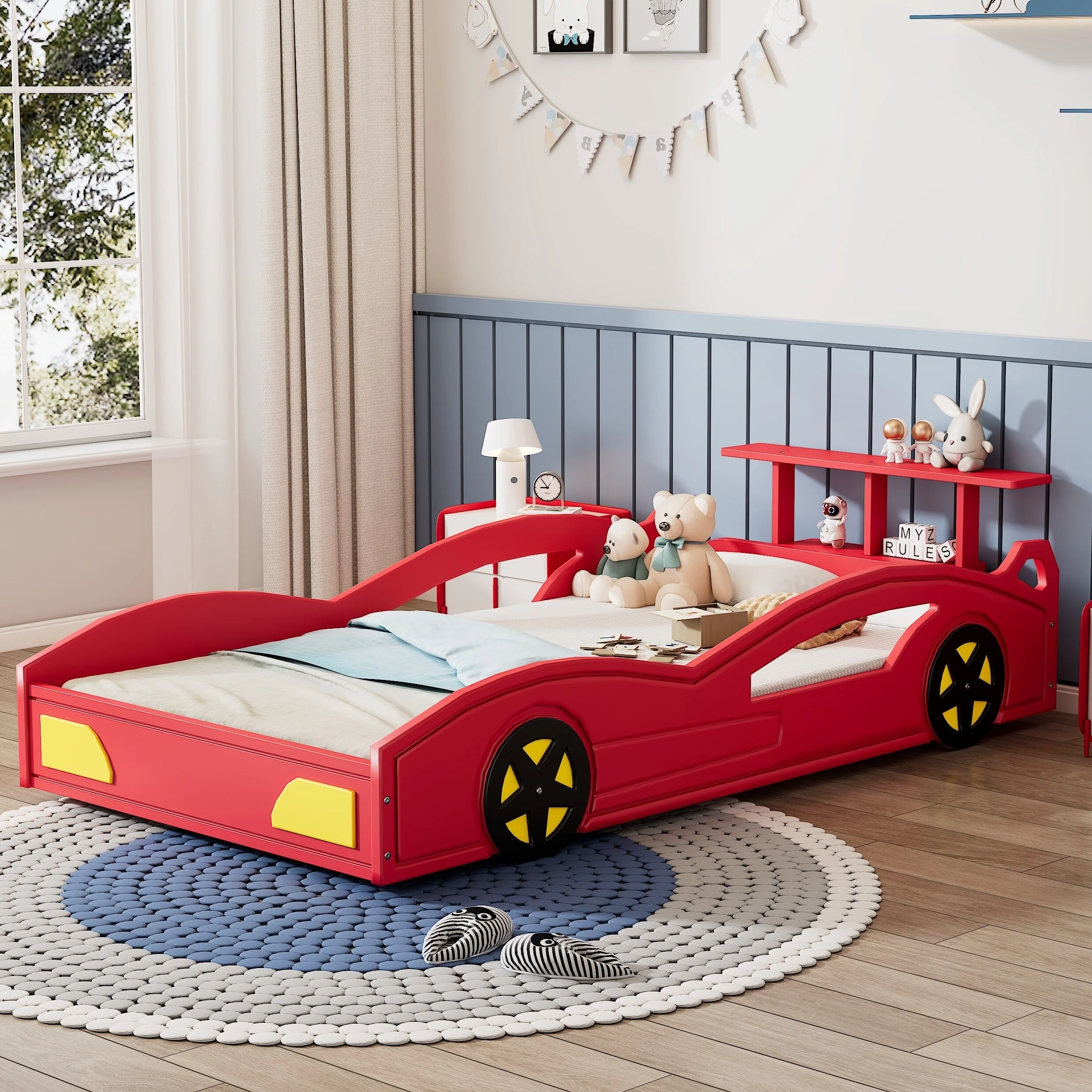 Twin Size Race Car Bed with Tail Wing Storage Rack and Black Yellow Wheels, Car-Shaped Bed Frame Toddler Floor Bed Platform Bed