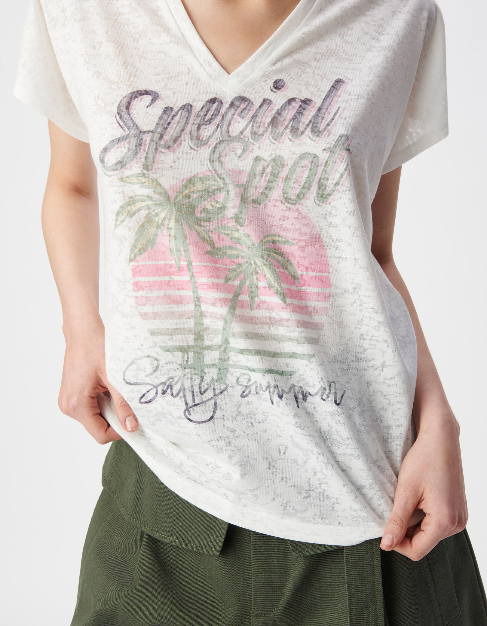 Tee-shirt col V blanc visuel palmiers et messages Femme