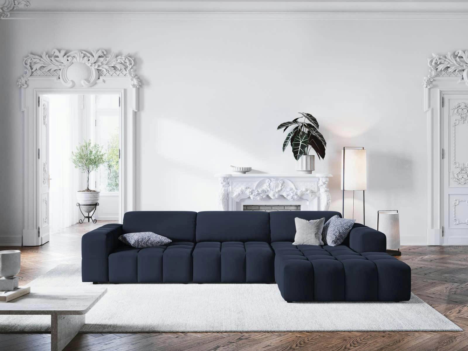 LUC - Canapé d'angle droit 4 places en tissu velours bleu foncé